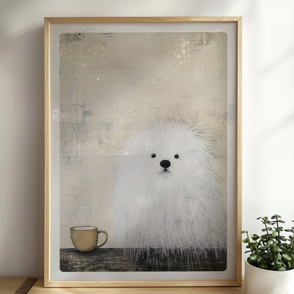 Weißer Hund mit schwarzer Kaffeetasse, schlichte Hunde Illustration in Schwarz-Weiß.. Rahmen natur 50x70
