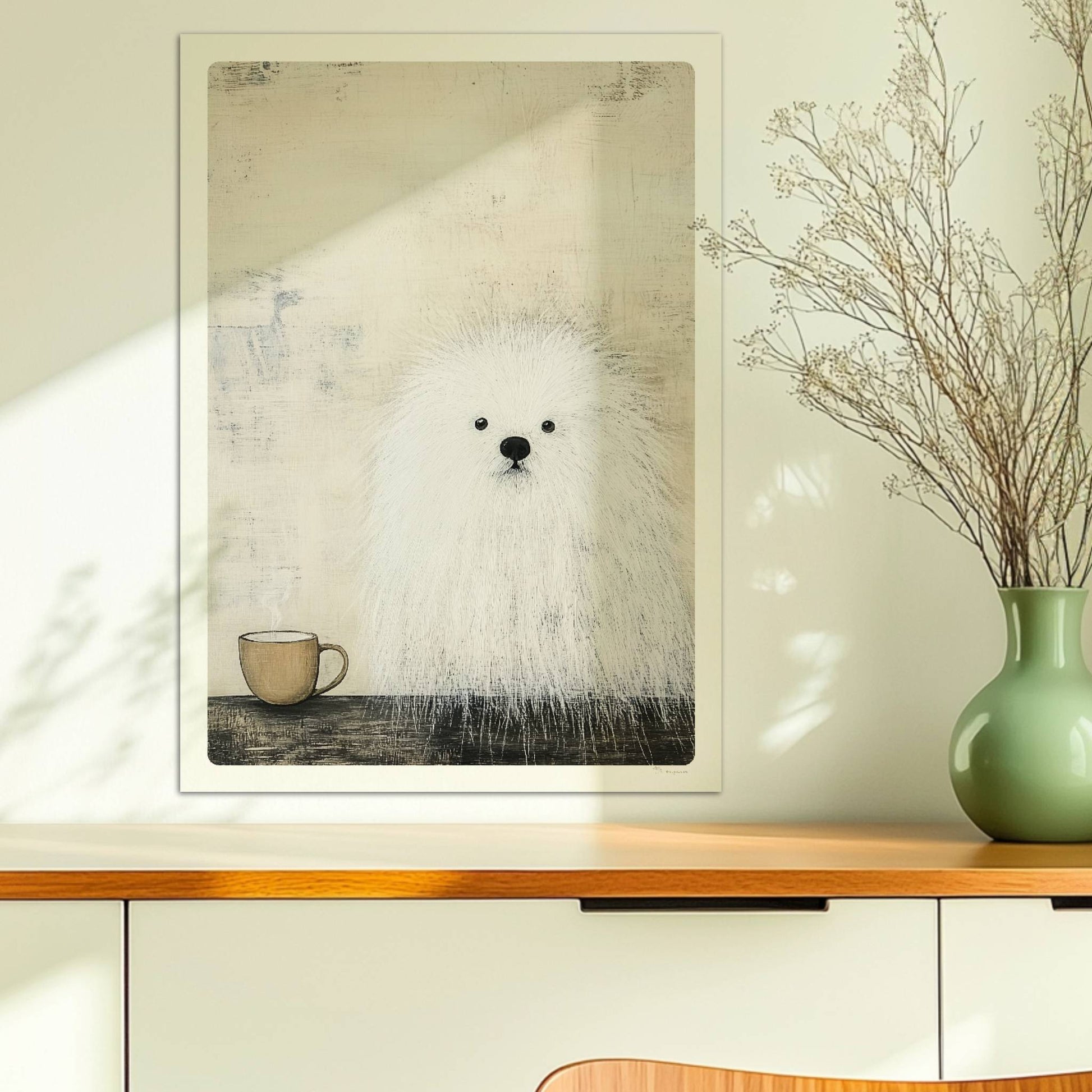 Weißer Hund mit schwarzer Kaffeetasse, schlichte Hunde Illustration in Schwarz-Weiß.. Ohne Rahmen 50x70