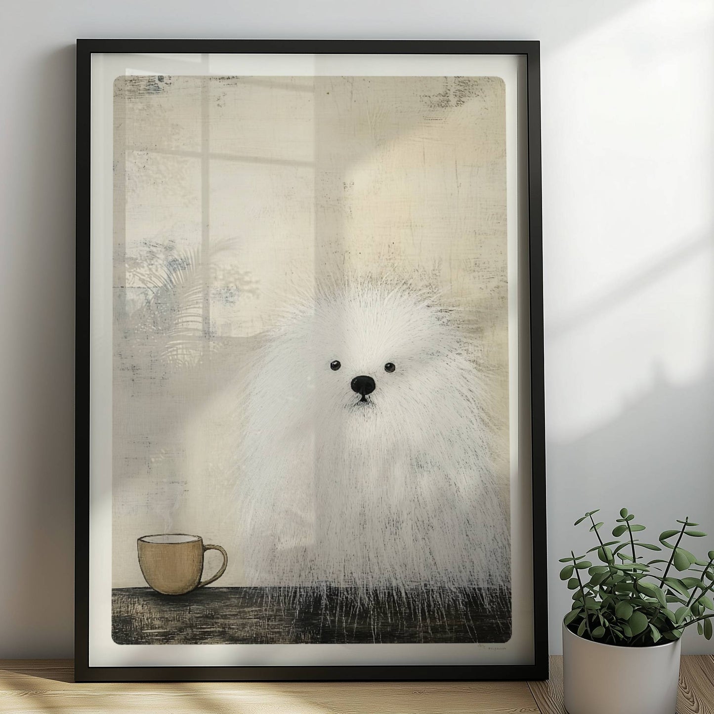 Weißer Hund mit schwarzer Kaffeetasse, schlichte Hunde Illustration in Schwarz-Weiß.. Rahmen schwarz 50x70