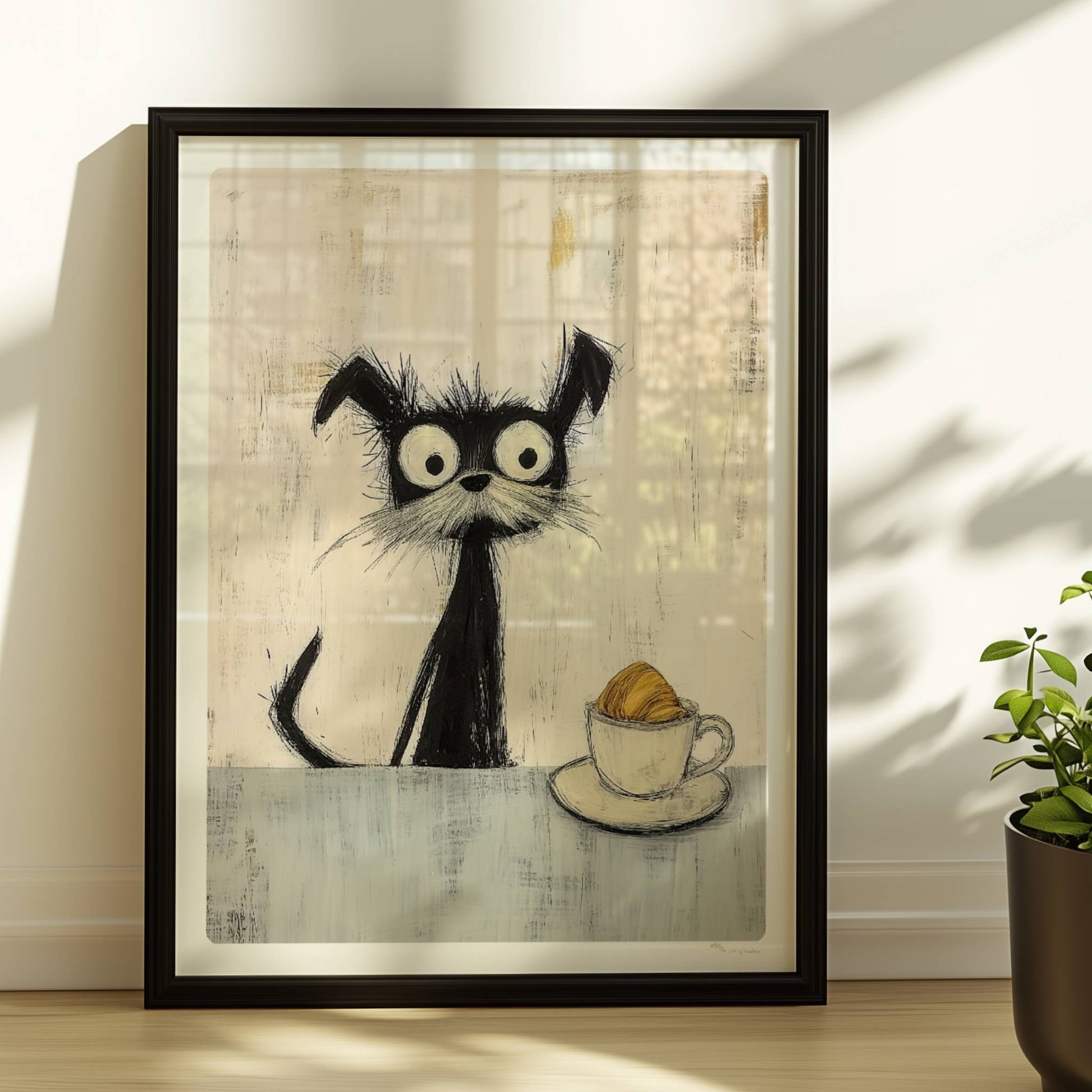 Schwarzer zotteliger Hund mit riesigen Augen und Croissant in der Tasse, witzige Illustration.. Rahmen schwarz 30x40