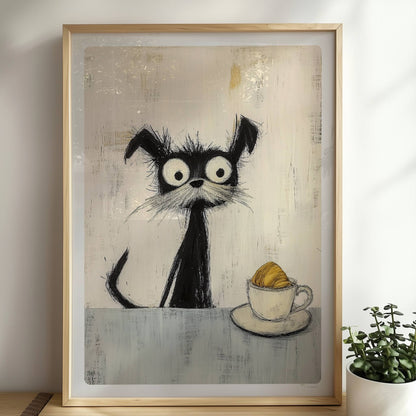 Schwarzer zotteliger Hund mit riesigen Augen und Croissant in der Tasse, witzige Illustration.. Rahmen natur 50x70