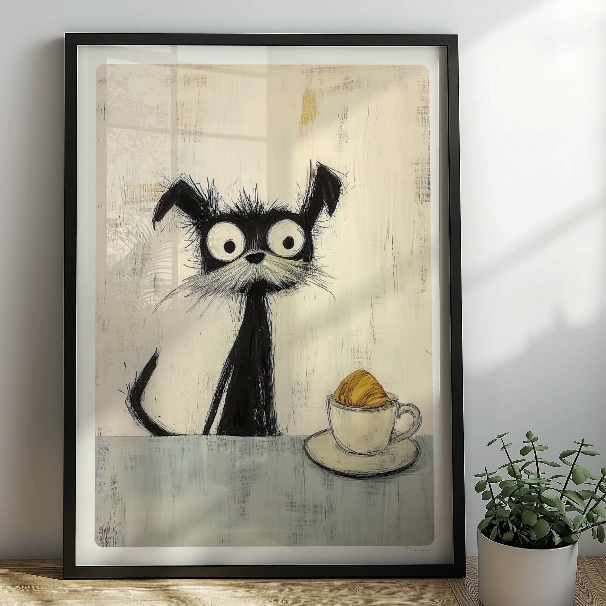 Schwarzer zotteliger Hund mit riesigen Augen und Croissant in der Tasse, witzige Illustration.. Rahmen schwarz 50x70