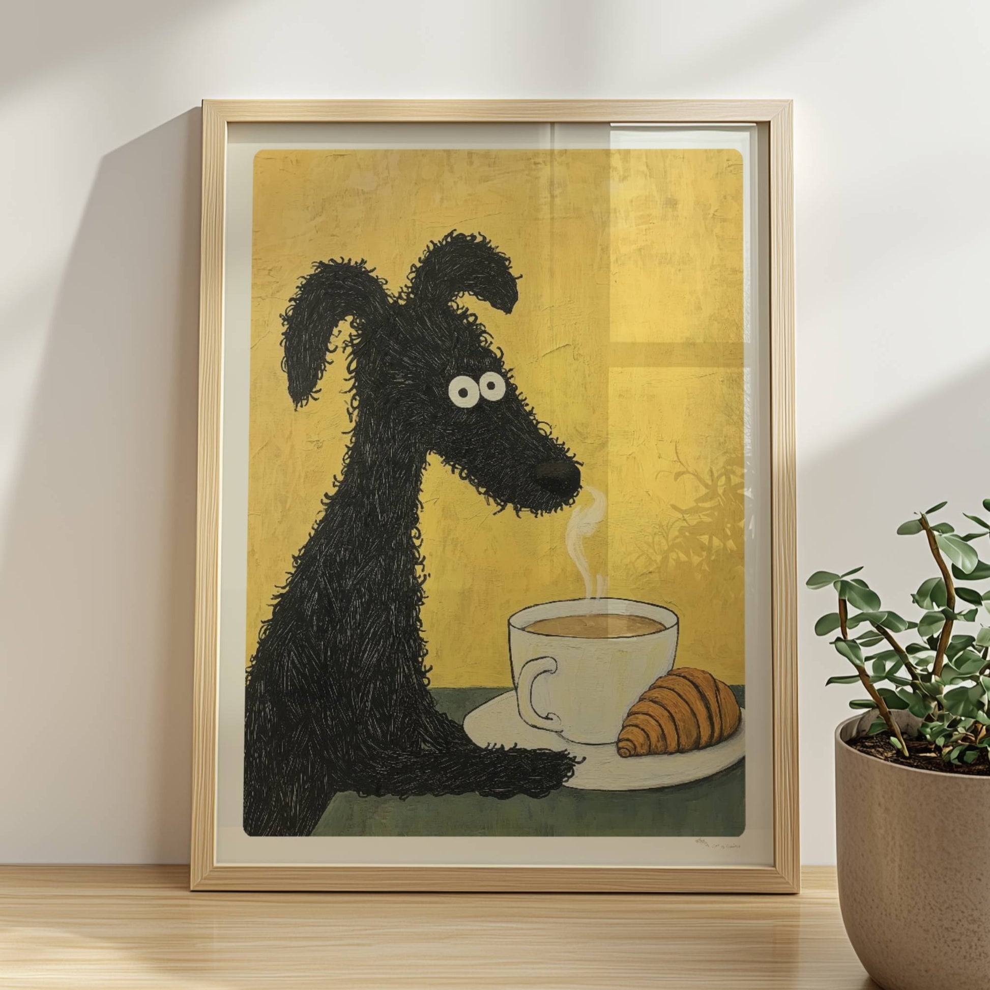 Schwarzer lockiger Hund mit Kaffee und Croissant. Rahmen natur 30x40