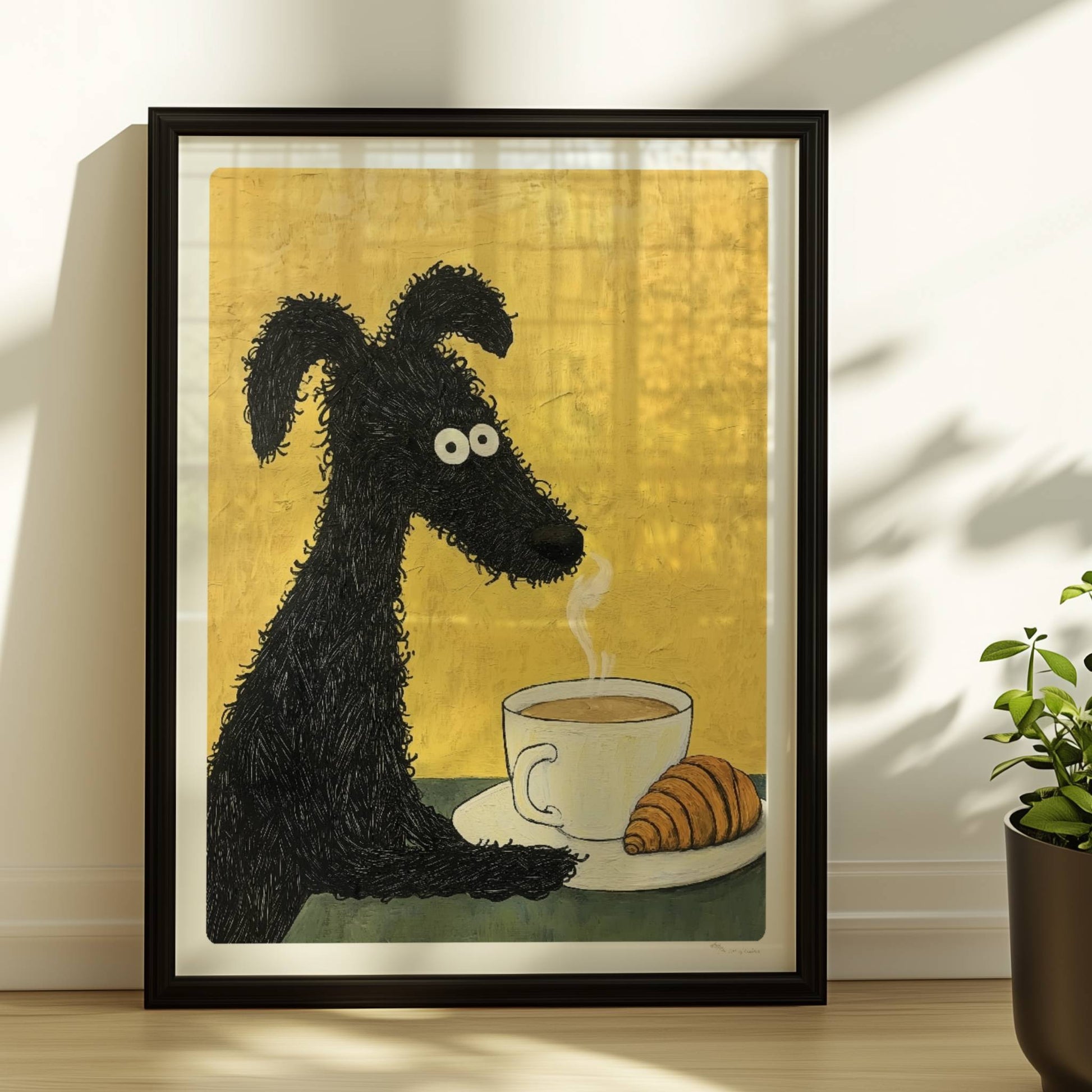 Schwarzer lockiger Hund mit Kaffee und Croissant. Rahmen schwarz 30x40