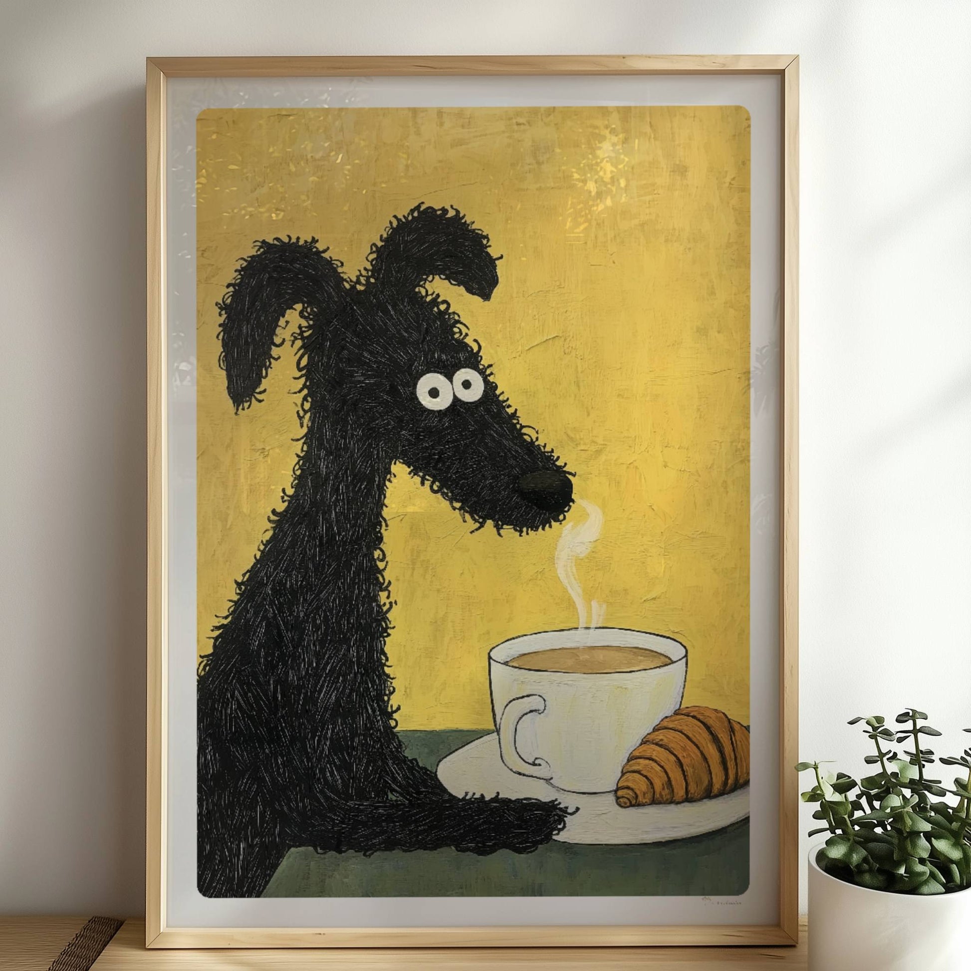 Schwarzer lockiger Hund mit Kaffee und Croissant. Rahmen natur 50x70