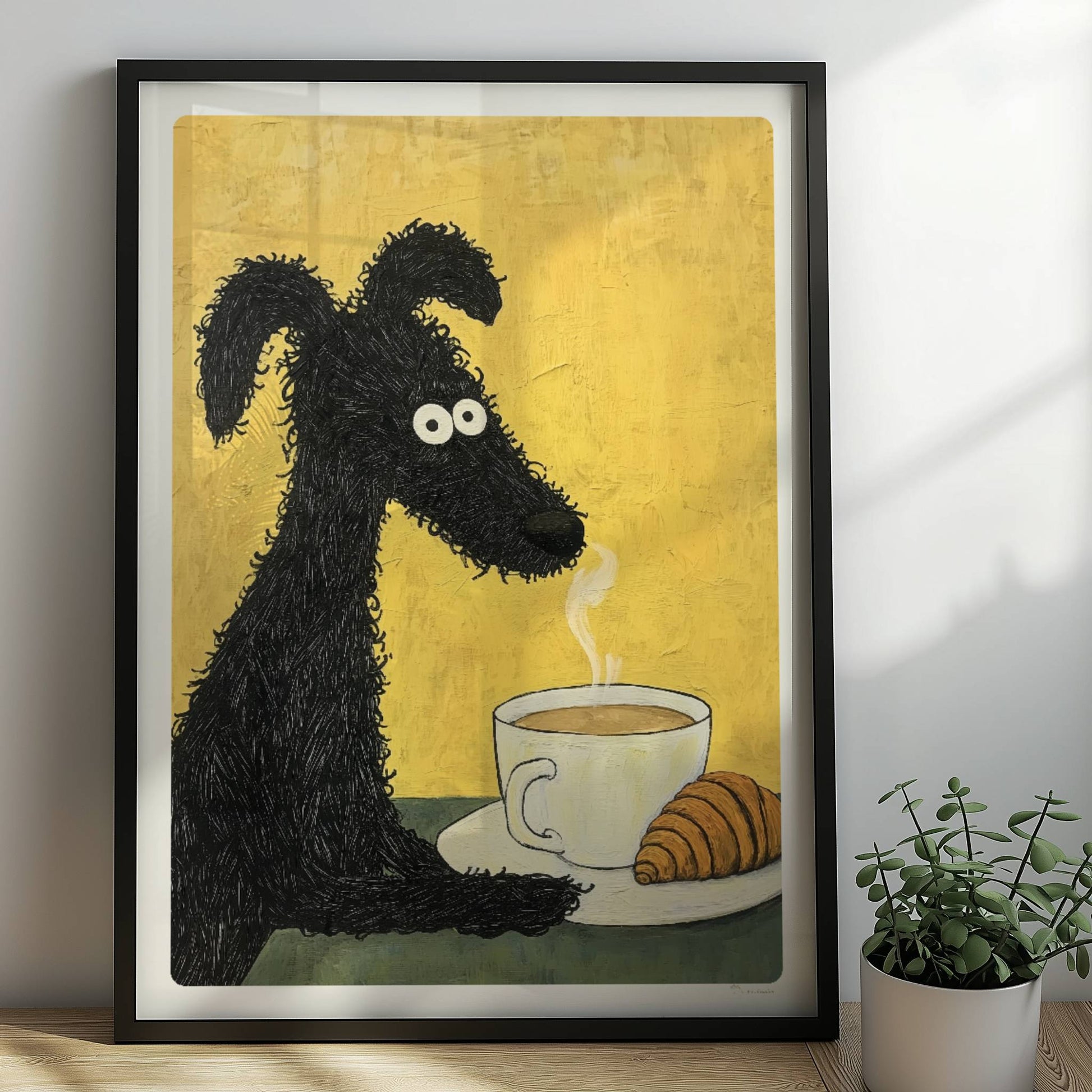 Schwarzer lockiger Hund mit Kaffee und Croissant. Rahmen schwarz 50x70