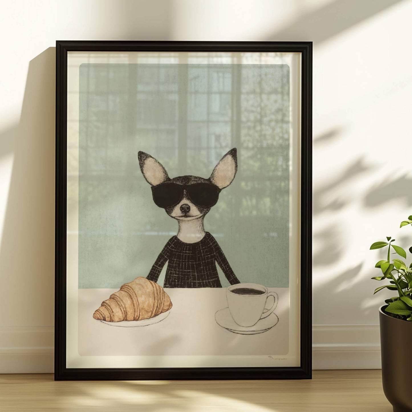 Chihuahua mit Sonnenbrille, Kaffee und Croissant. Rahmen schwarz 30x40