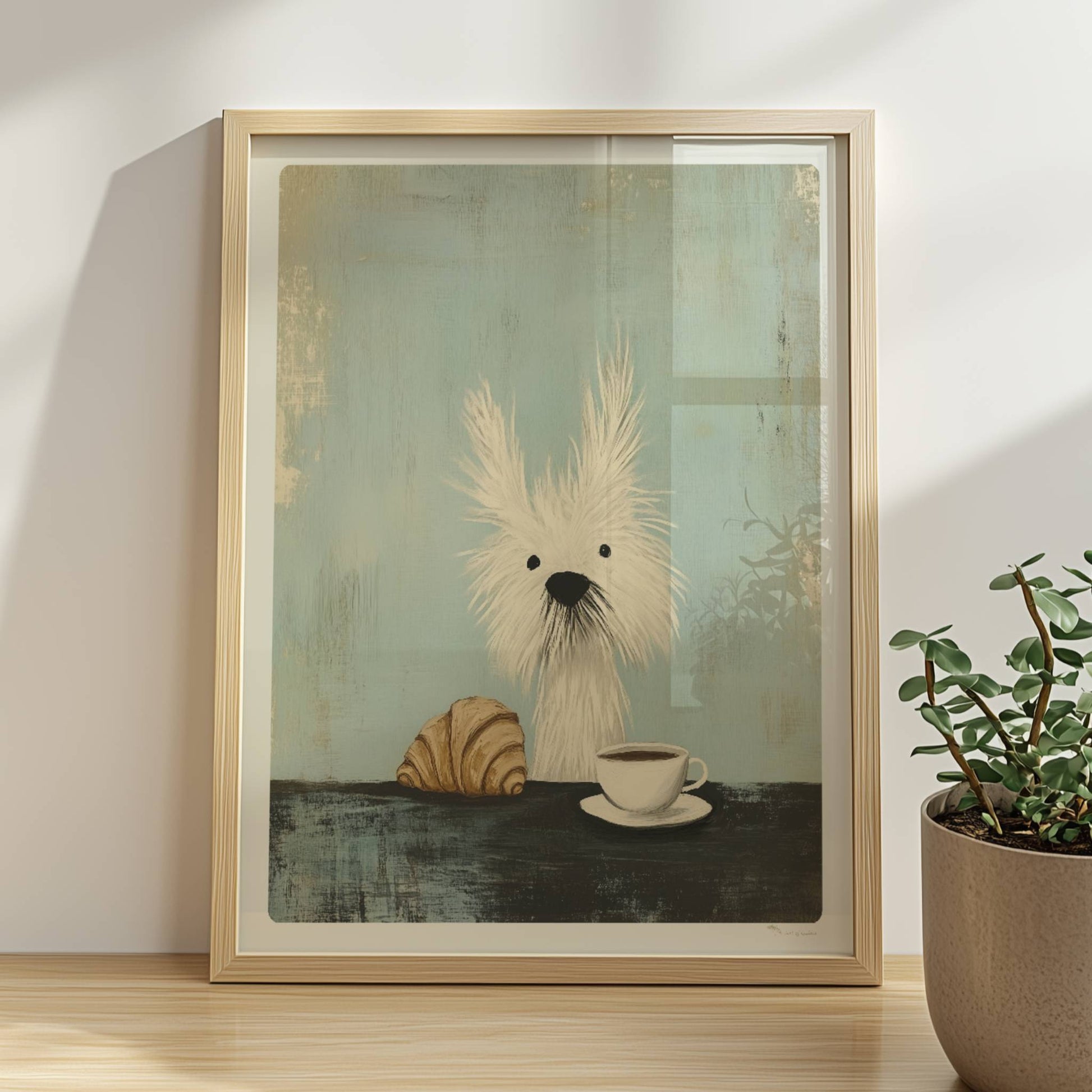 Weißer zotteliger Hund mit Kaffee und Croissant. Rahmen natur 30x40