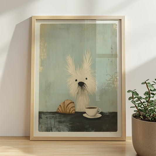 Weißer zotteliger Hund mit Kaffee und Croissant. Rahmen natur 30x40