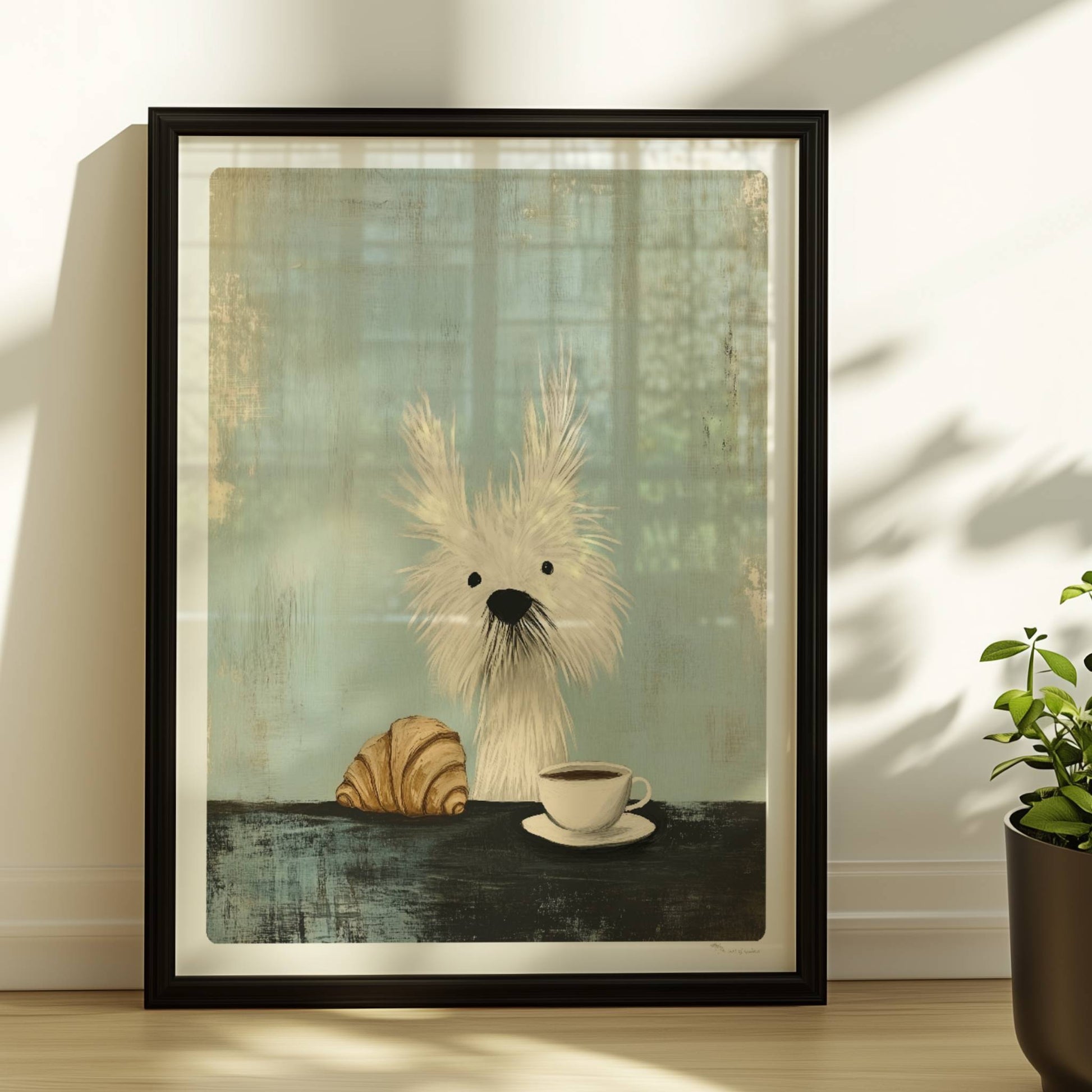 Weißer zotteliger Hund mit Kaffee und Croissant. Rahmen schwarz 30x40