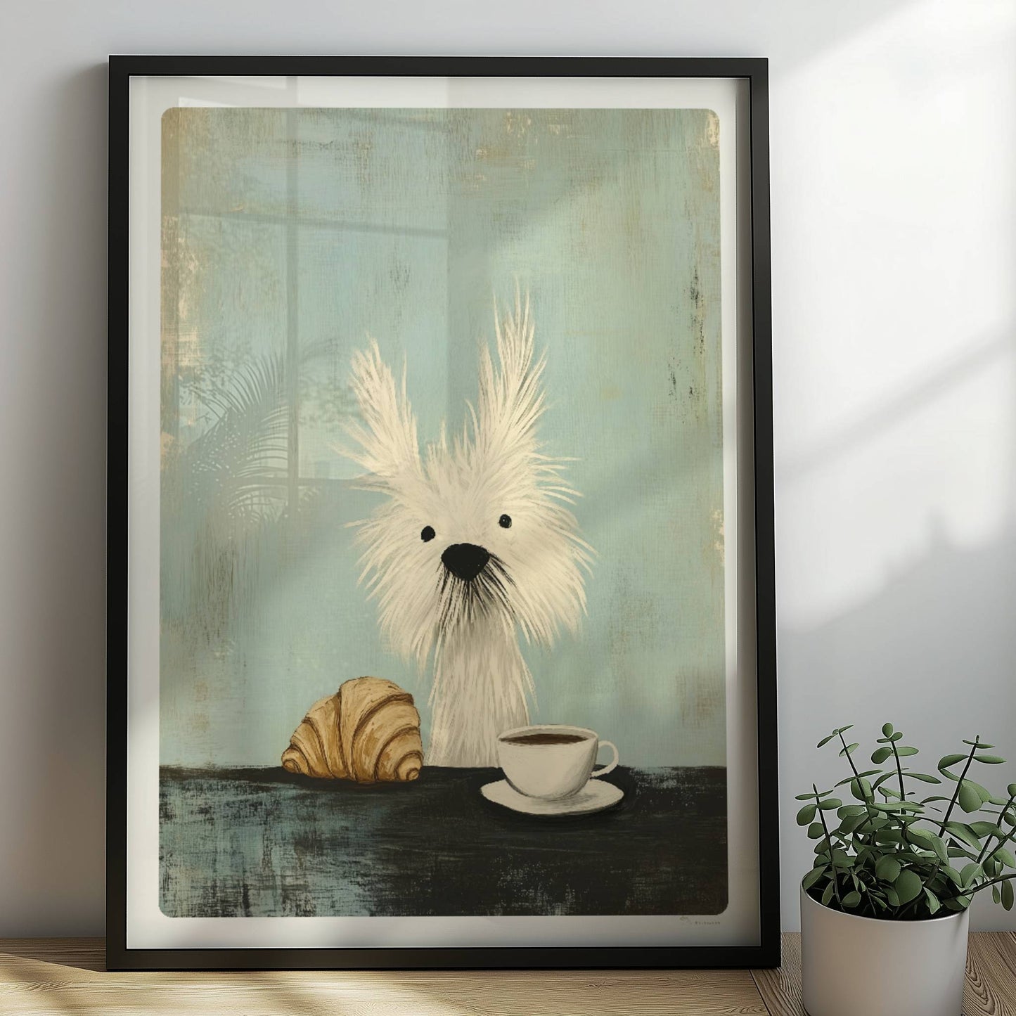 Weißer zotteliger Hund mit Kaffee und Croissant. Rahmen schwarz 50x70
