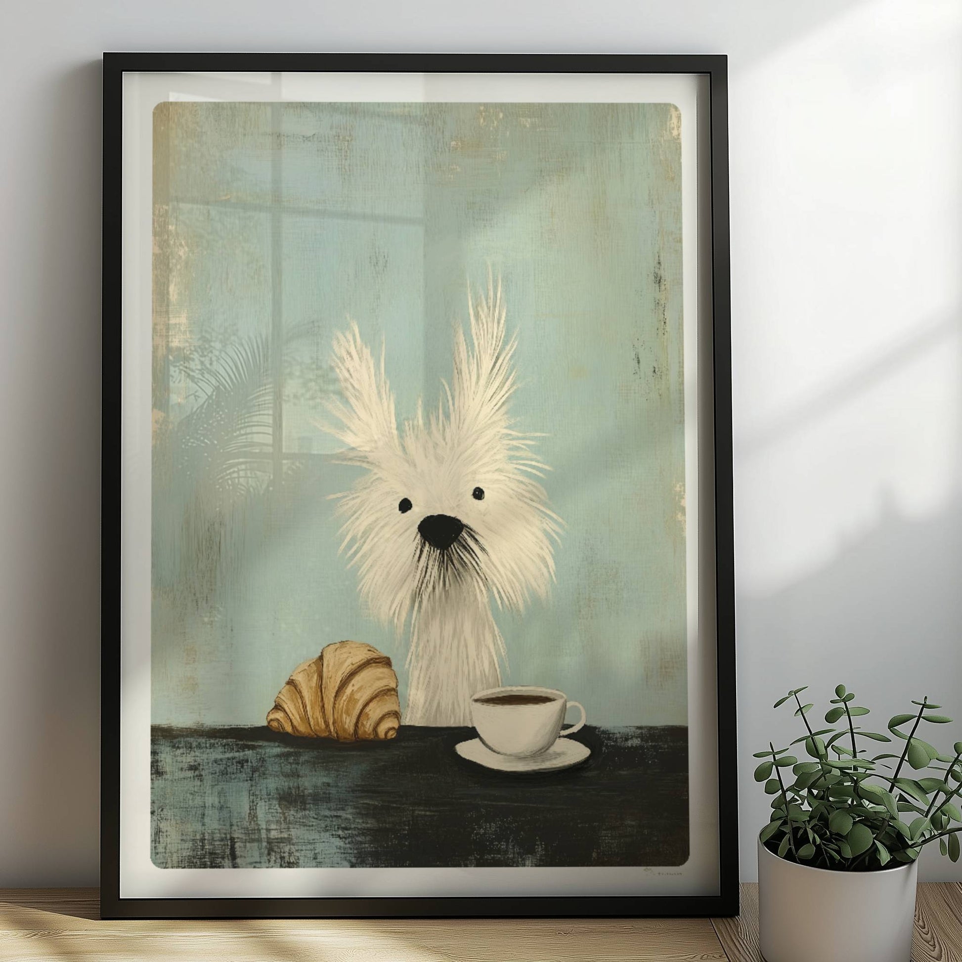 Weißer zotteliger Hund mit Kaffee und Croissant. Rahmen schwarz 50x70