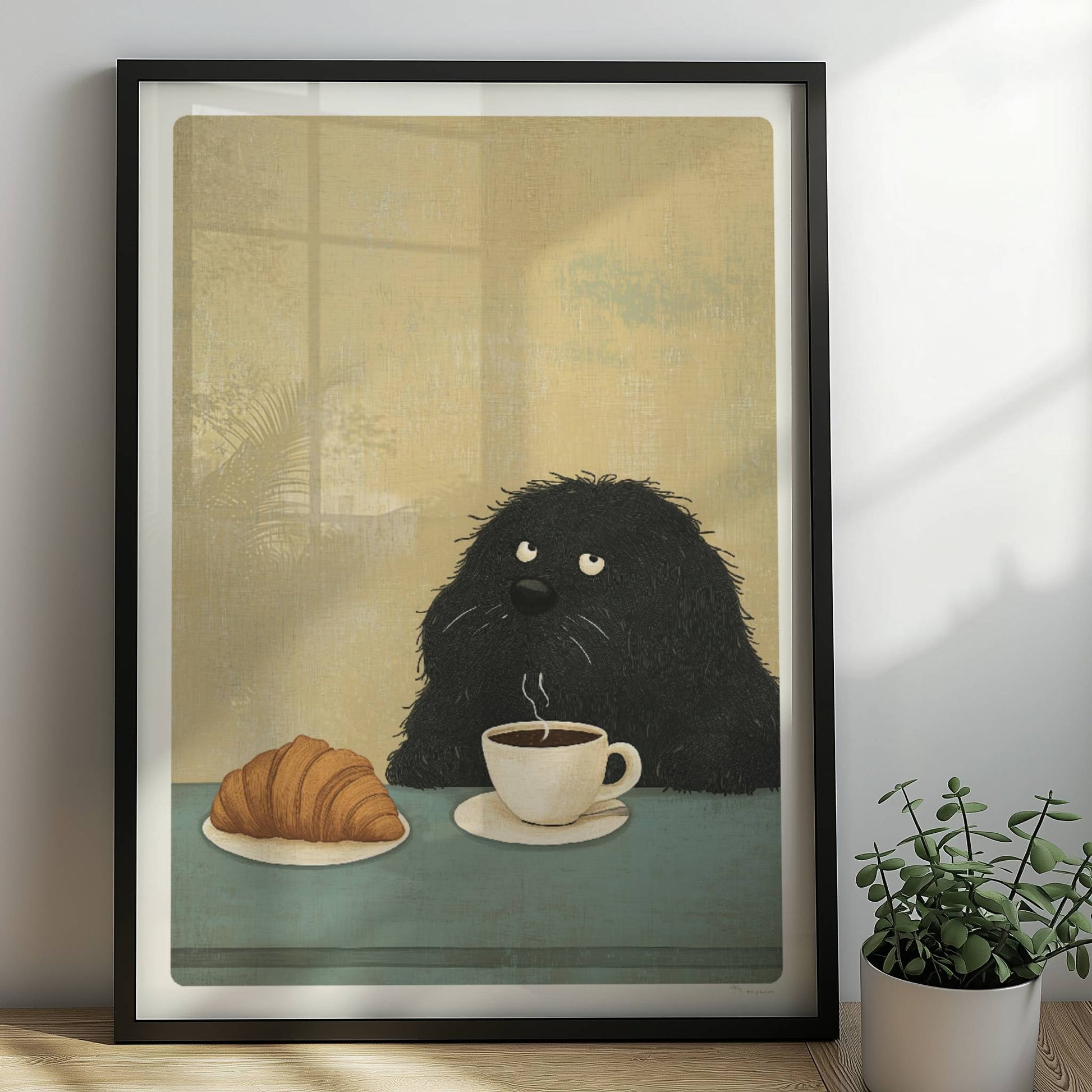 Schwarzer flauschiger Hund mit Kaffee und Croissant. Rahmen schwarz 50x70