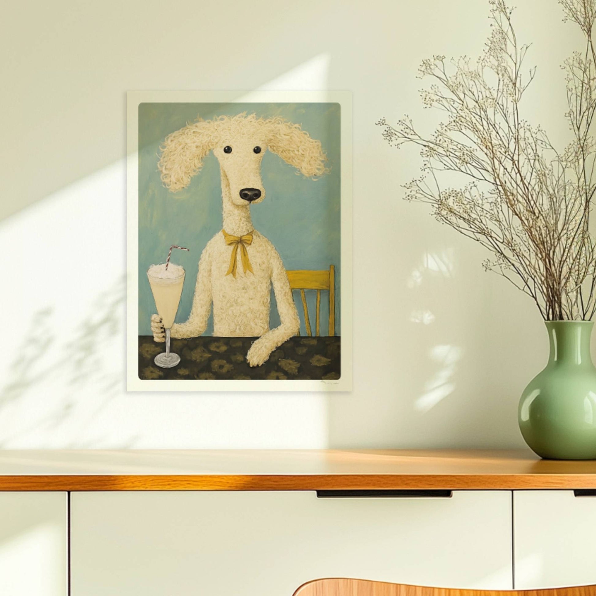 Pudel mit Milchshake und Schleife. Ohne Rahmen 30x40