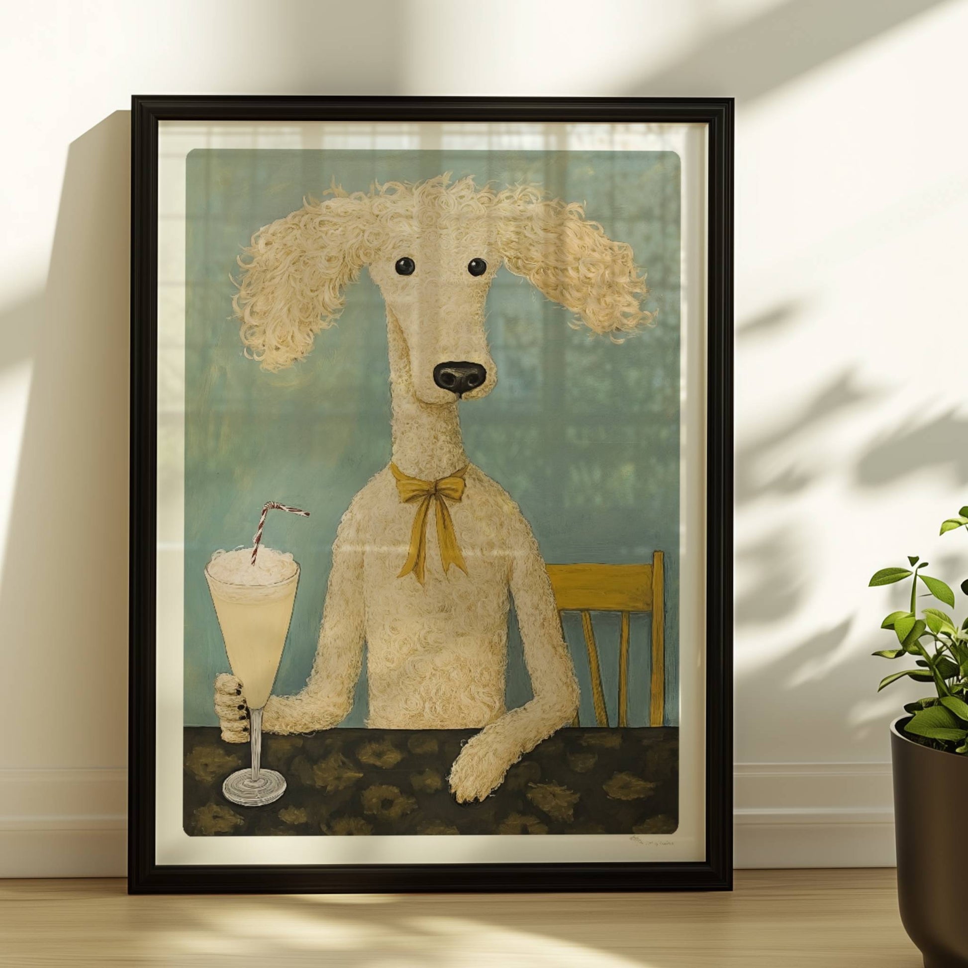 Pudel mit Milchshake und Schleife. Rahmen schwarz 30x40