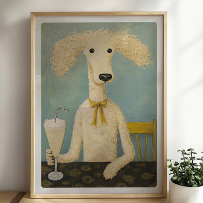 Pudel mit Milchshake und Schleife. Rahmen natur 50x70
