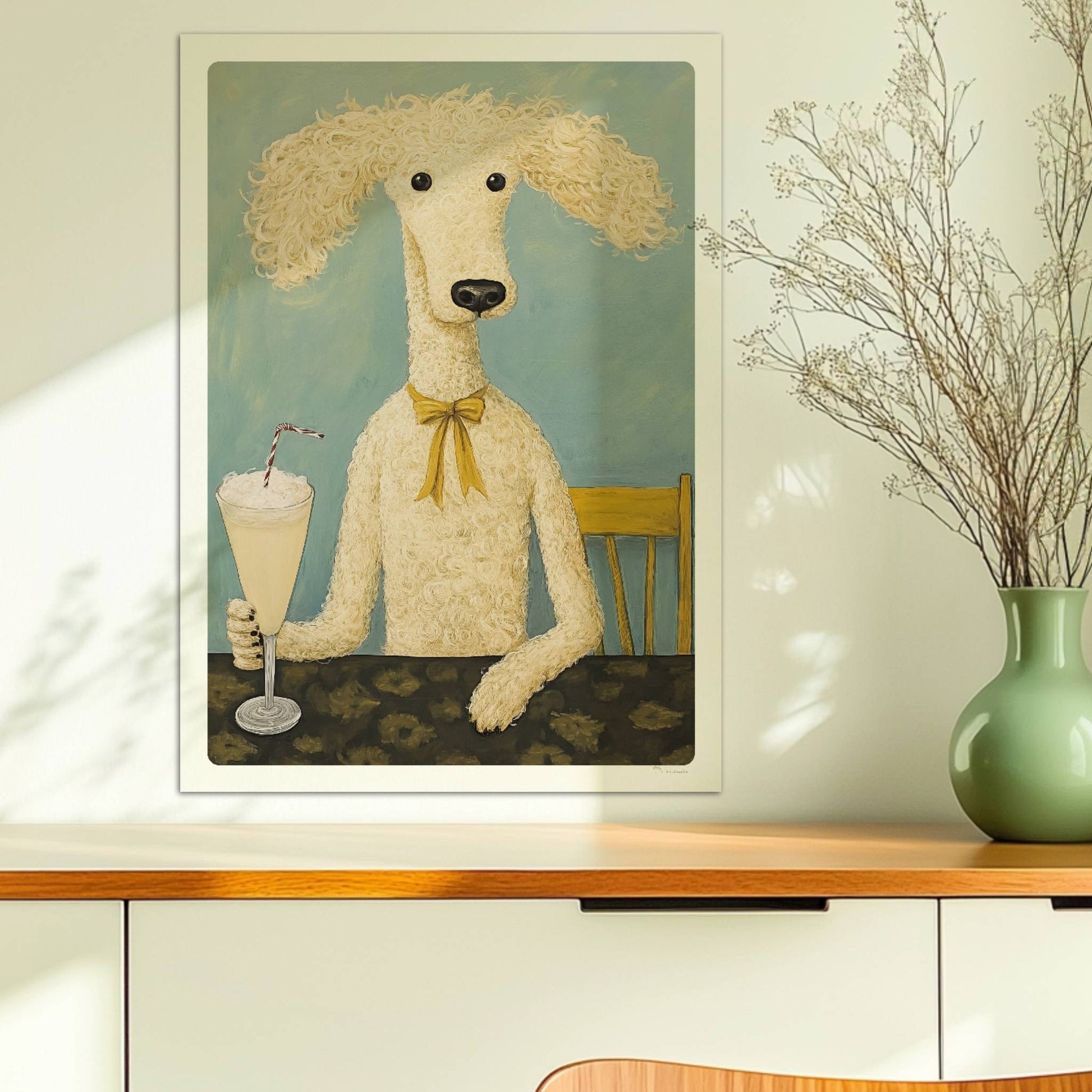 Pudel mit Milchshake und Schleife. Ohne Rahmen 50x70