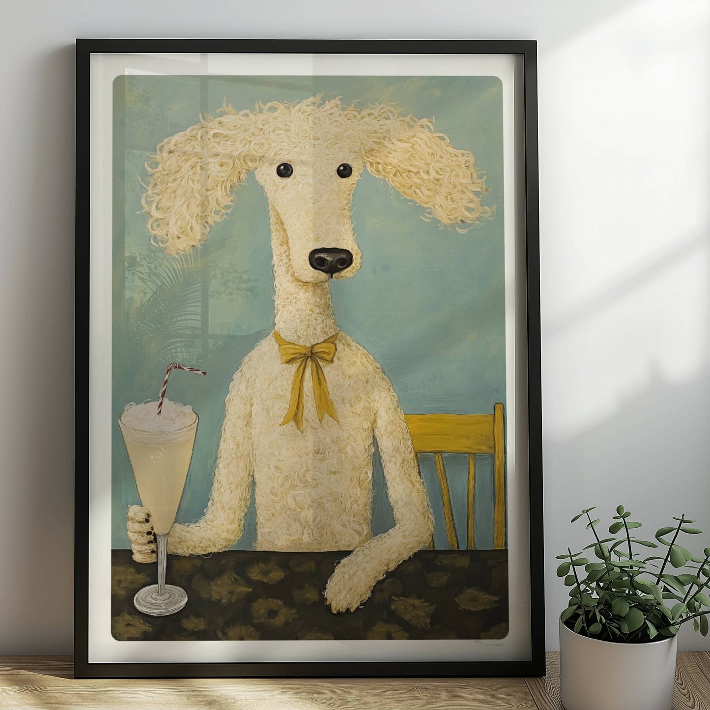 Pudel mit Milchshake und Schleife. Rahmen schwarz 50x70