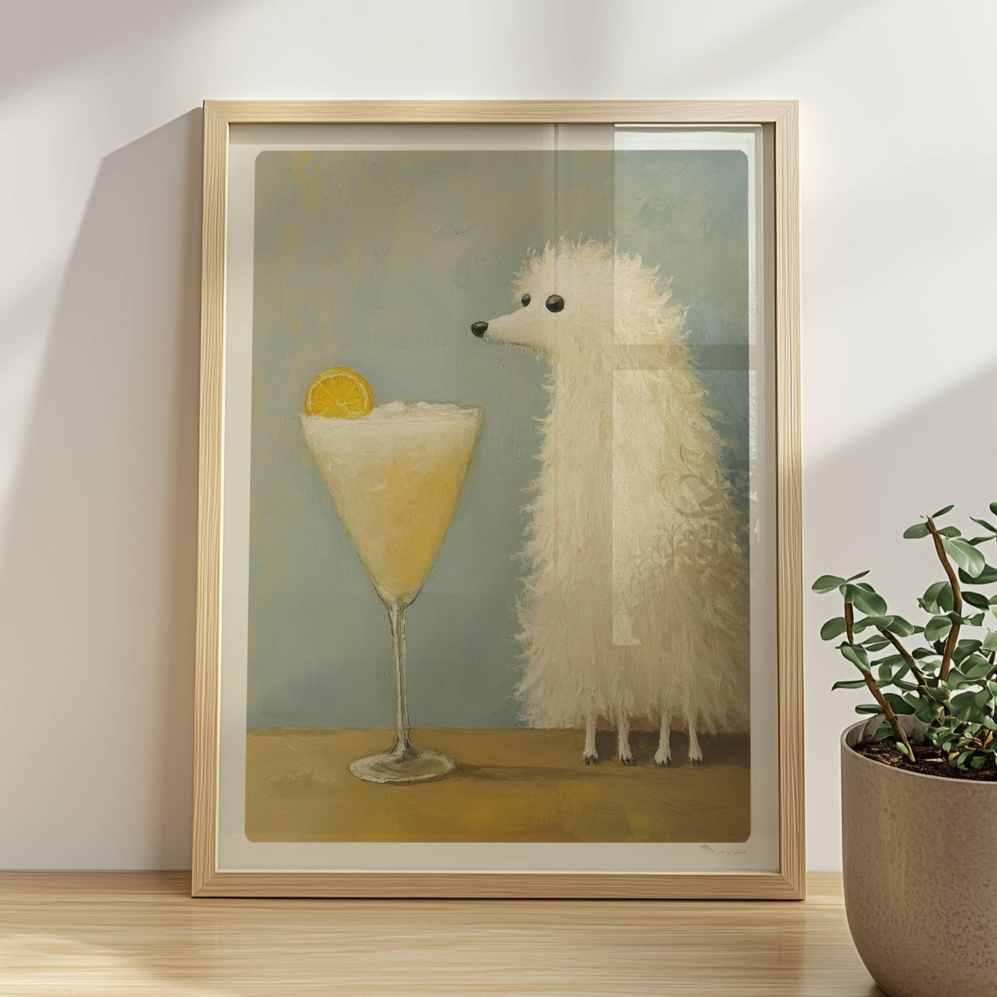 Weißer Hund mit Cocktail und Orangenscheibe. Rahmen natur 30x40