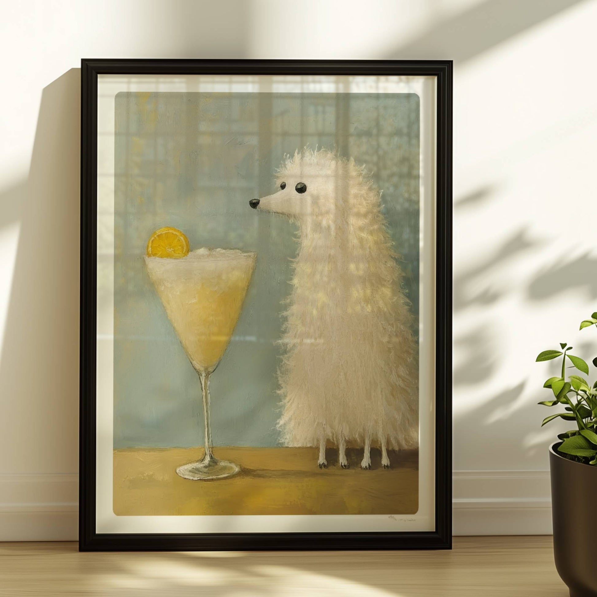 Weißer Hund mit Cocktail und Orangenscheibe. Rahmen schwarz 30x40