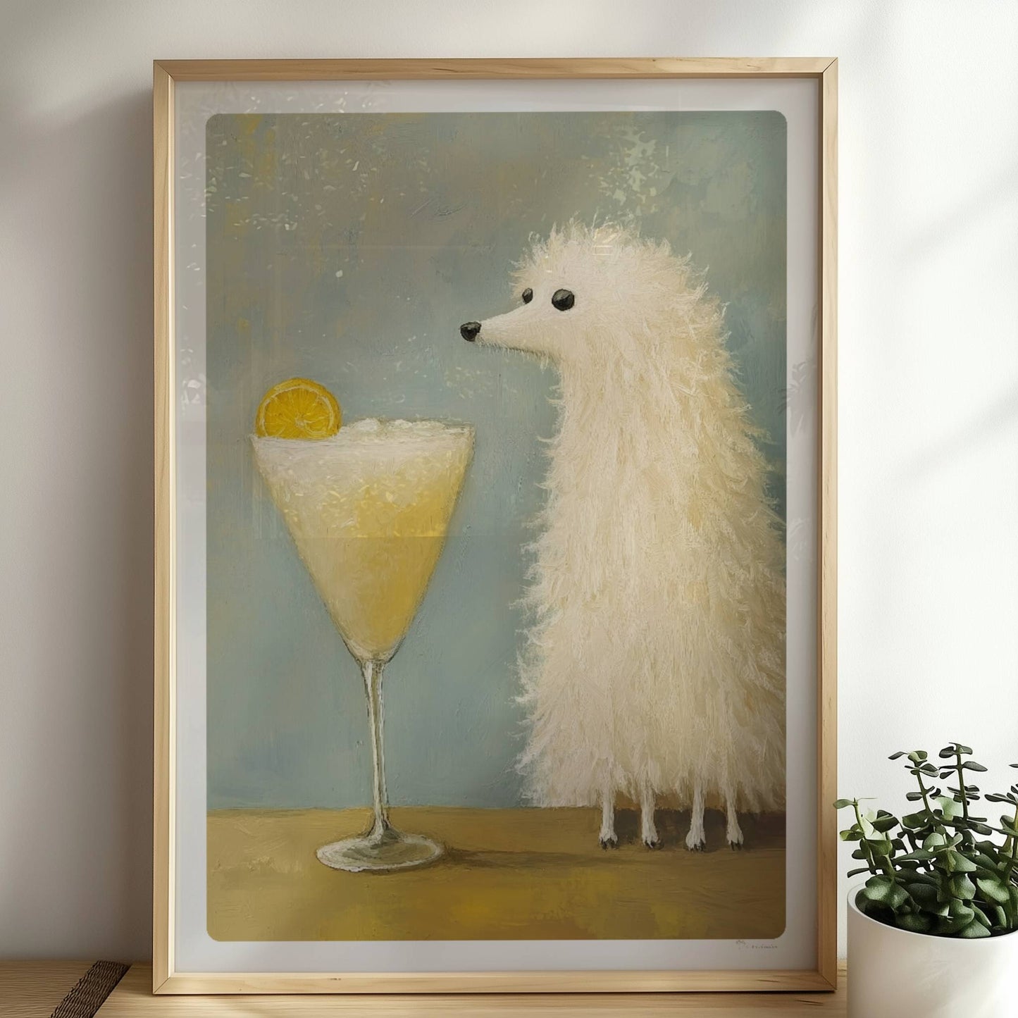 Weißer Hund mit Cocktail und Orangenscheibe. Rahmen natur 50x70