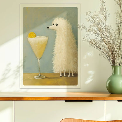 Weißer Hund mit Cocktail und Orangenscheibe. Ohne Rahmen 50x70