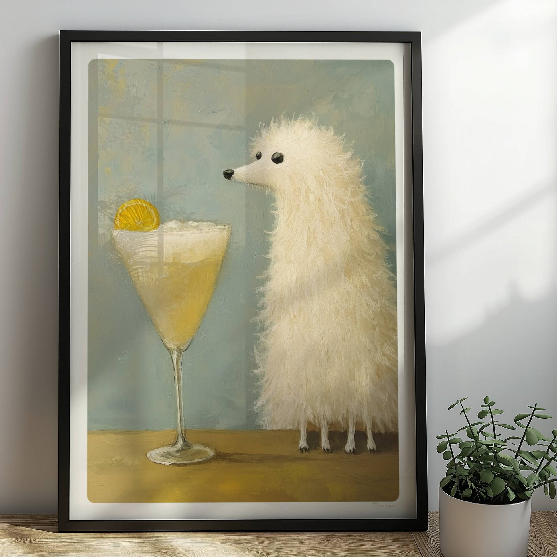 Weißer Hund mit Cocktail und Orangenscheibe. Rahmen schwarz 50x70