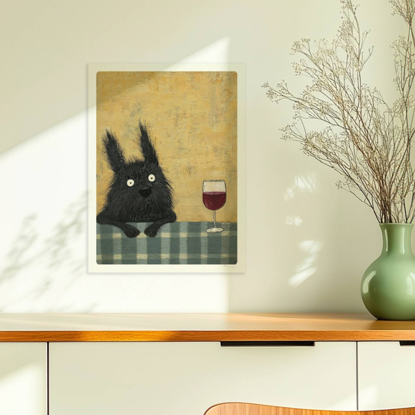 Schwarzer Hund mit Rotweinglas. Ohne Rahmen 30x40