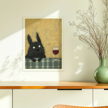 Schwarzer Hund mit Rotweinglas. Ohne Rahmen 30x40