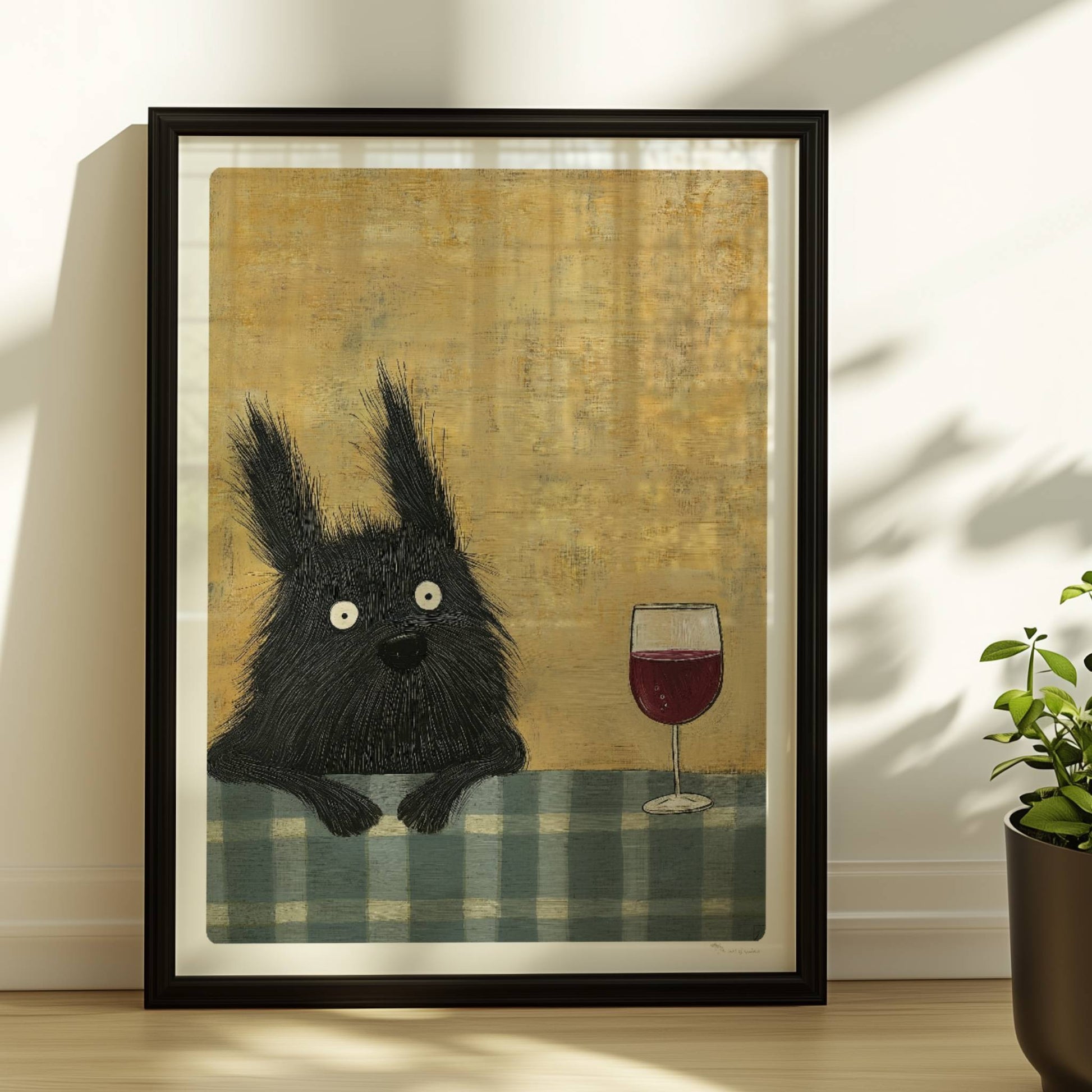 Schwarzer Hund mit Rotweinglas. Rahmen schwarz 30x40