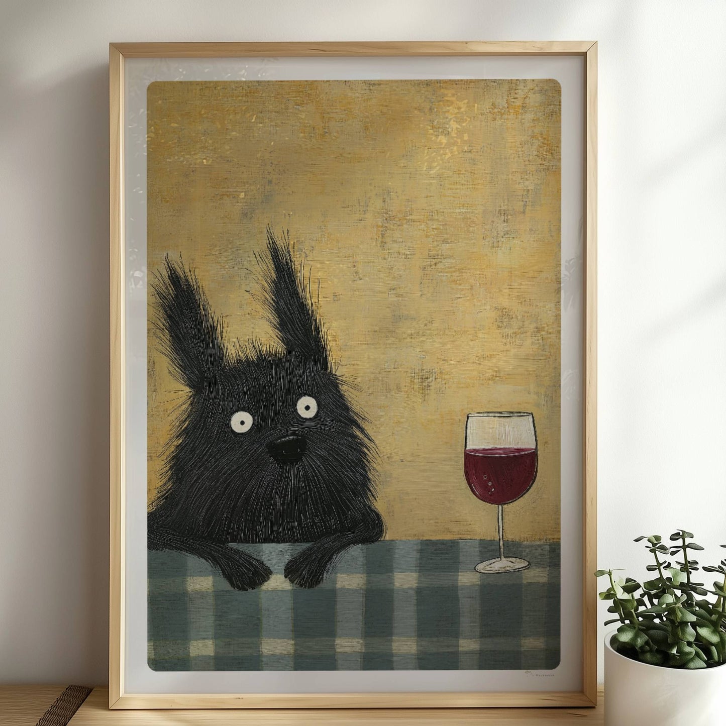 Schwarzer Hund mit Rotweinglas. Rahmen natur 50x70