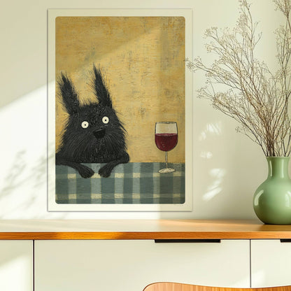 Schwarzer Hund mit Rotweinglas. Ohne Rahmen 50x70