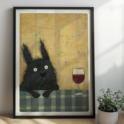 Schwarzer Hund mit Rotweinglas. Rahmen schwarz 50x70