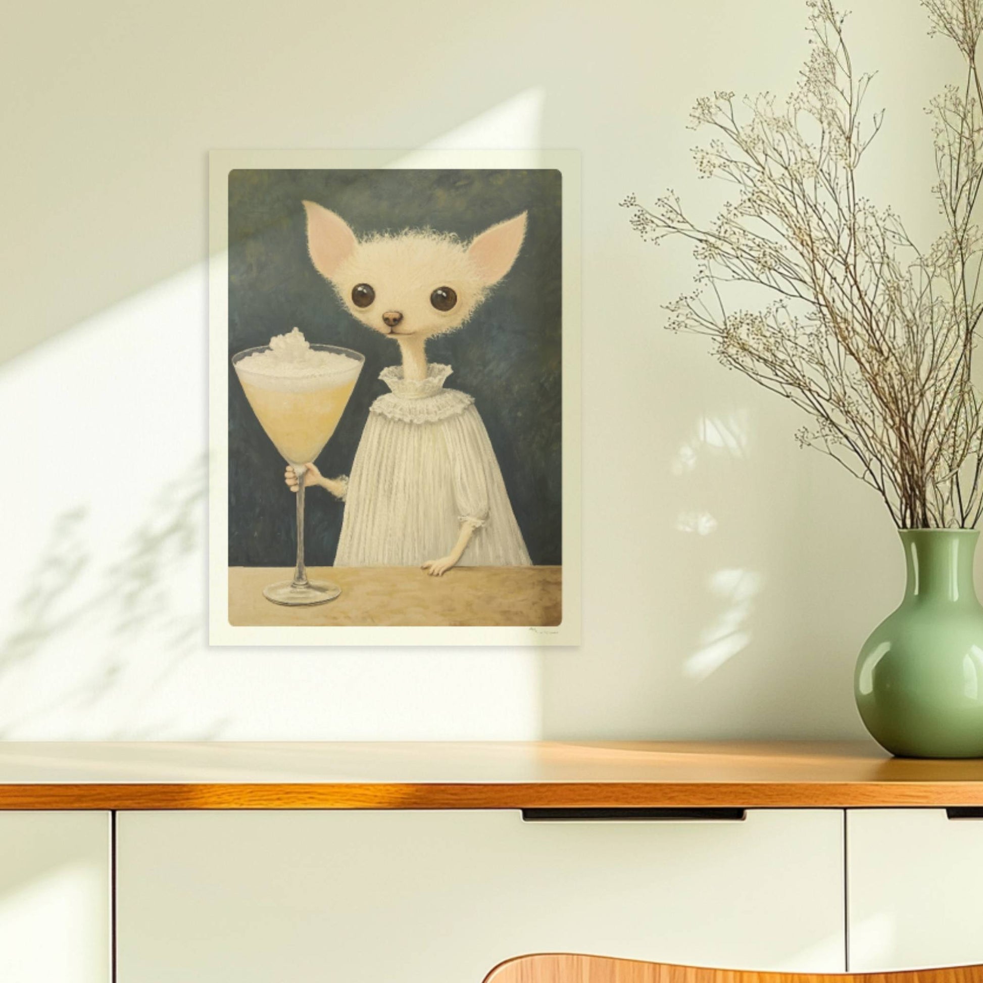 Chihuahua mit großem Cocktailglas. Ohne Rahmen 30x40