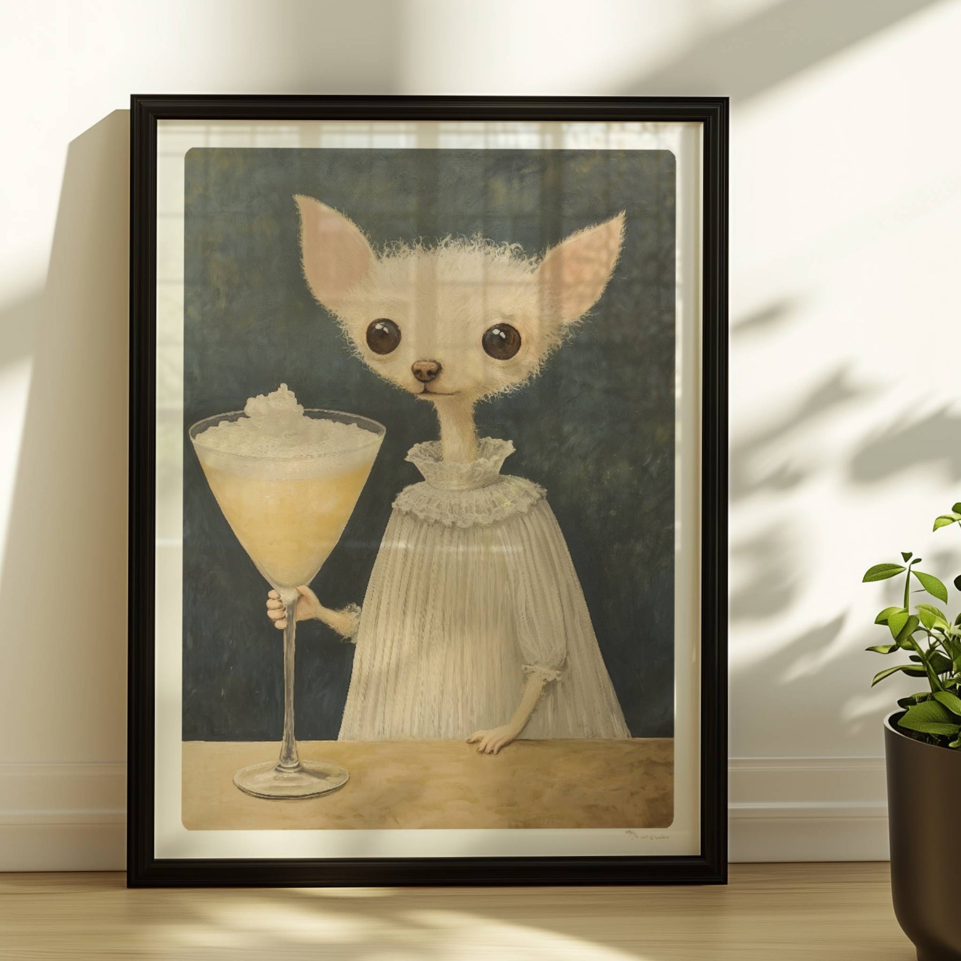 Chihuahua mit großem Cocktailglas. Rahmen schwarz 30x40