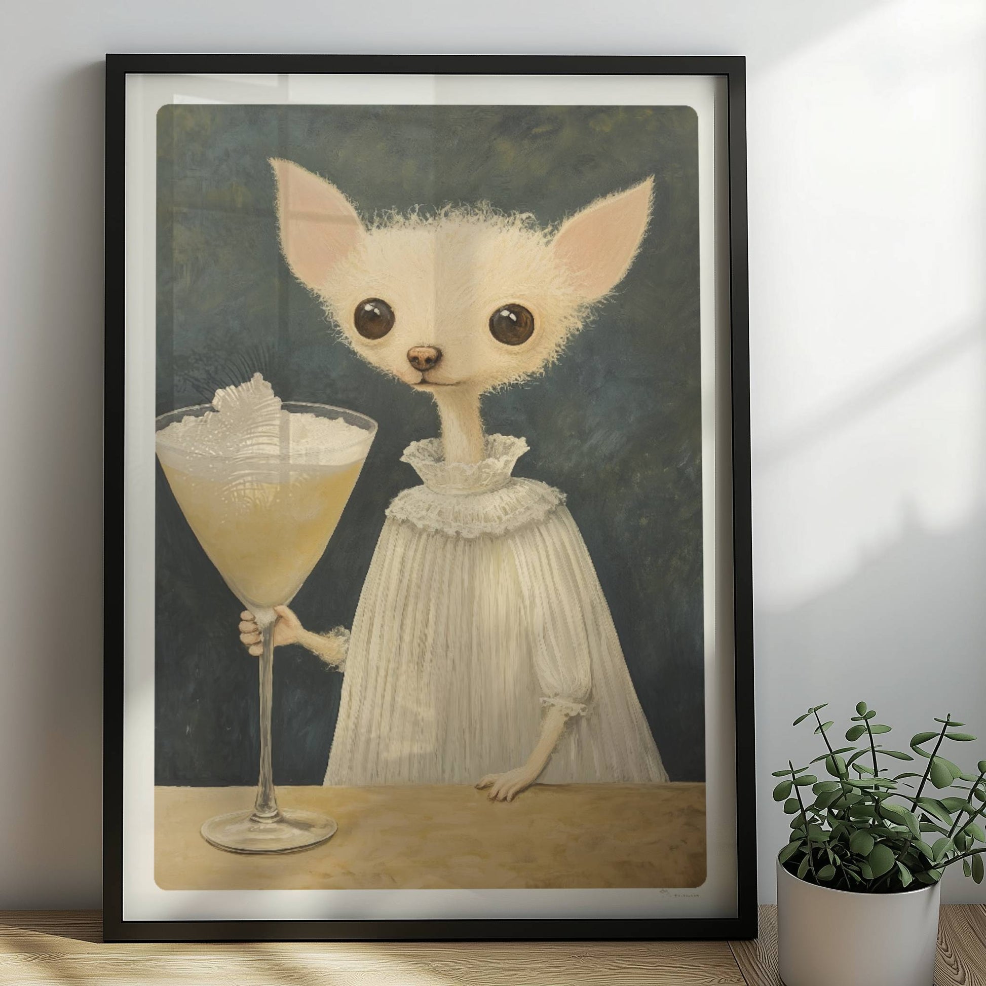 Chihuahua mit großem Cocktailglas. Rahmen schwarz 50x70