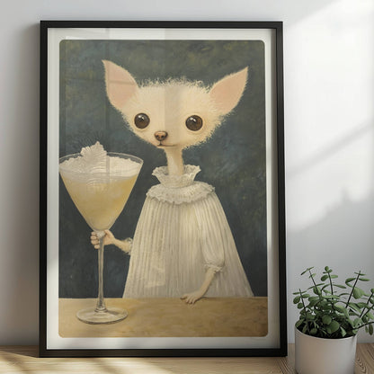Chihuahua mit großem Cocktailglas. Rahmen schwarz 50x70