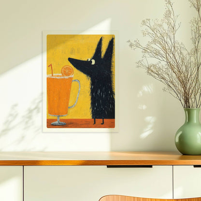Schwarzer Hund mit Orangen-Saftgetränk. Ohne Rahmen 30x40