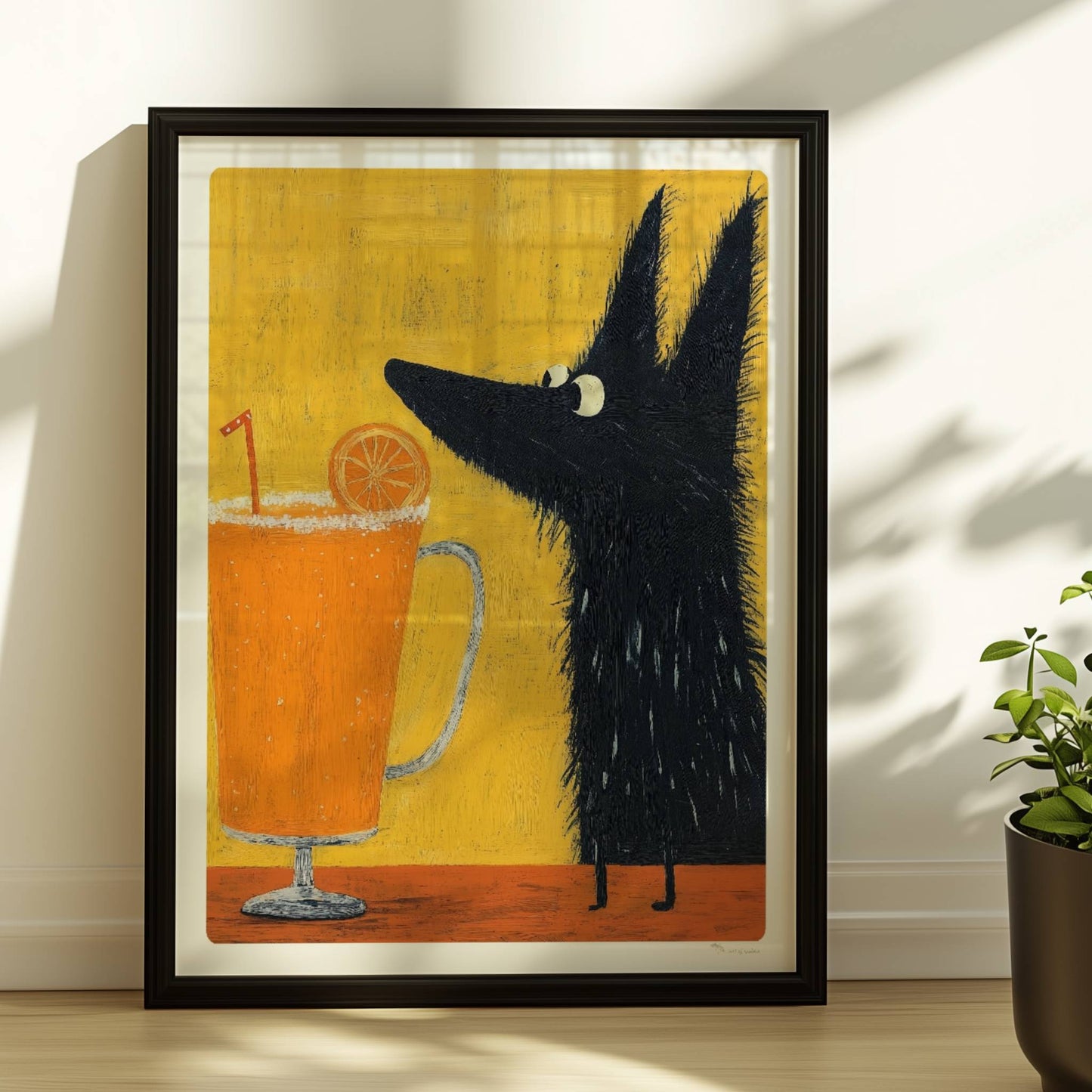 Schwarzer Hund mit Orangen-Saftgetränk. Rahmen schwarz 30x40