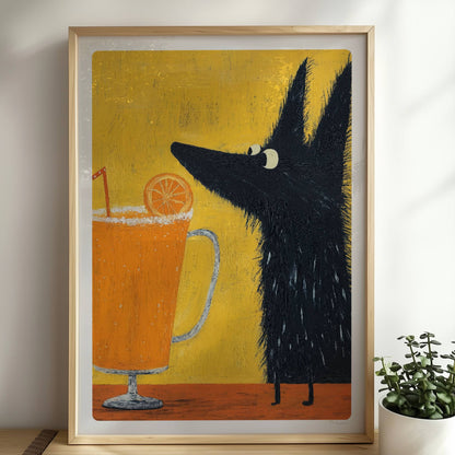 Schwarzer Hund mit Orangen-Saftgetränk. Rahmen natur 50x70