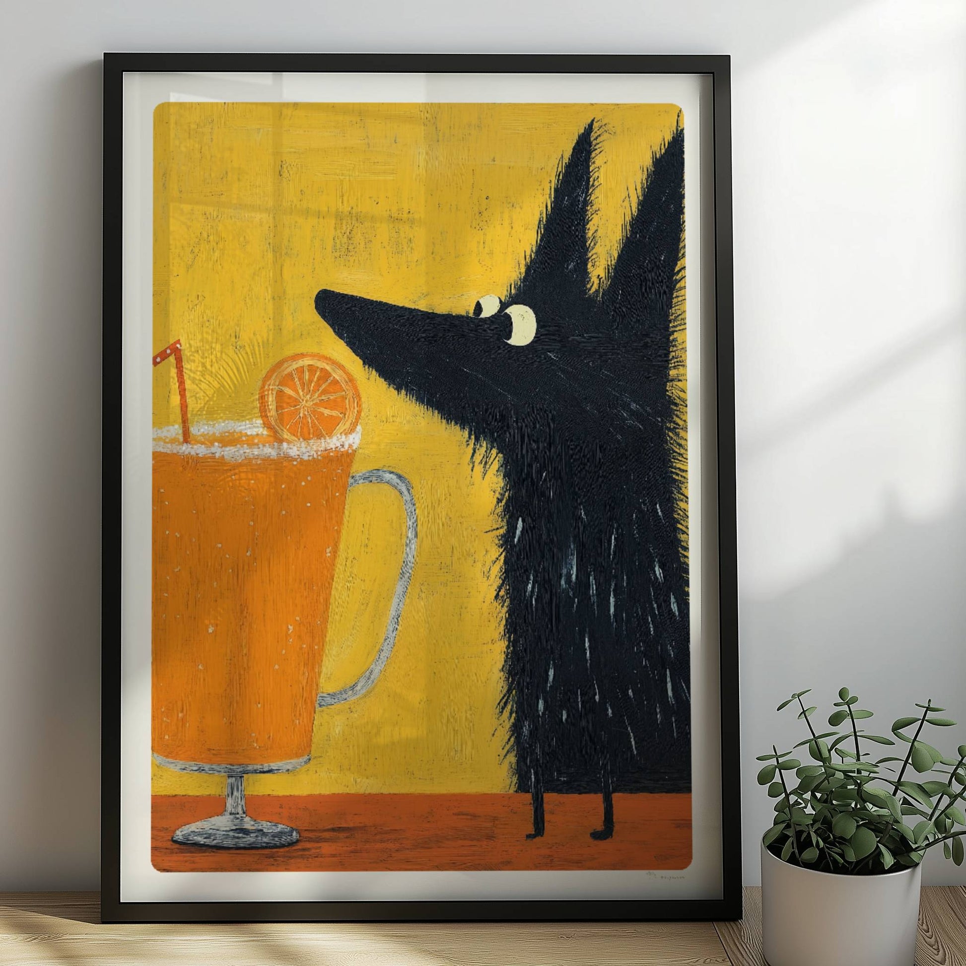 Schwarzer Hund mit Orangen-Saftgetränk. Rahmen schwarz 50x70