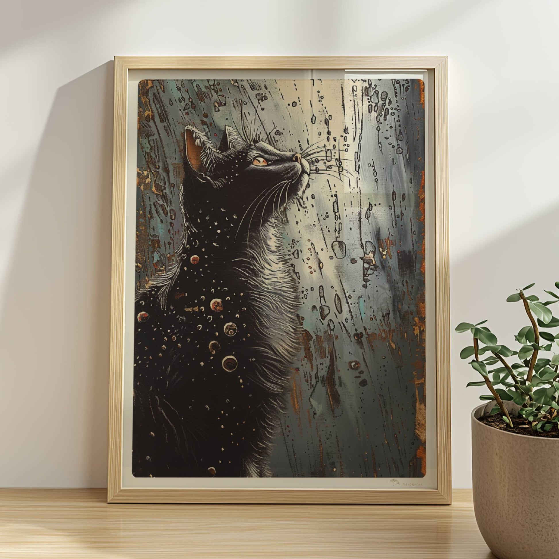 Schwarze Katze blickt auf fantasievolle Punkte und Kreise im Nachthimmel. Rahmen natur 30x40