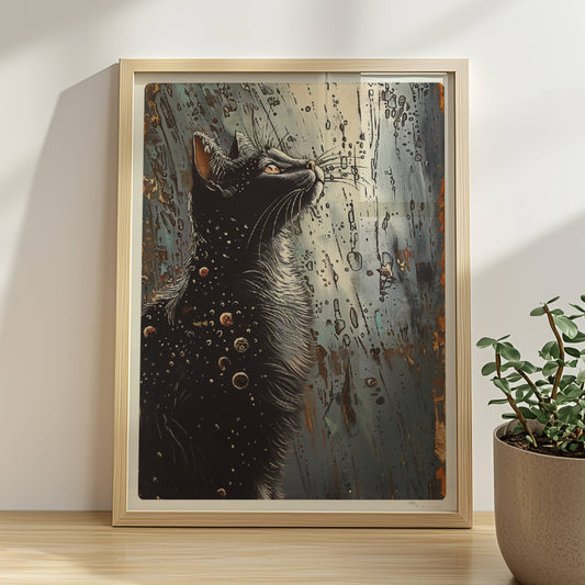 Schwarze Katze blickt auf fantasievolle Punkte und Kreise im Nachthimmel. Rahmen natur 30x40