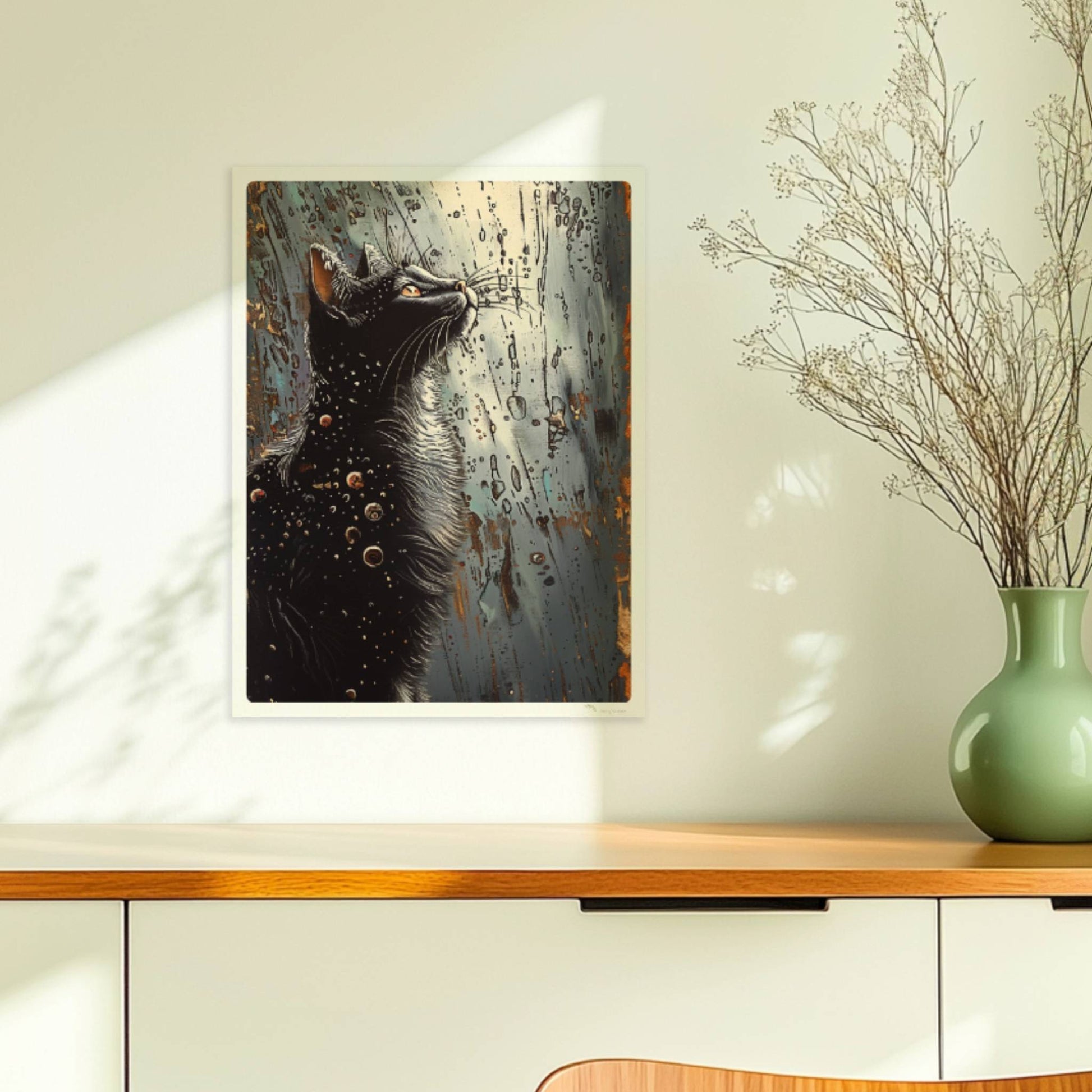 Schwarze Katze blickt auf fantasievolle Punkte und Kreise im Nachthimmel. Ohne Rahmen 30x40