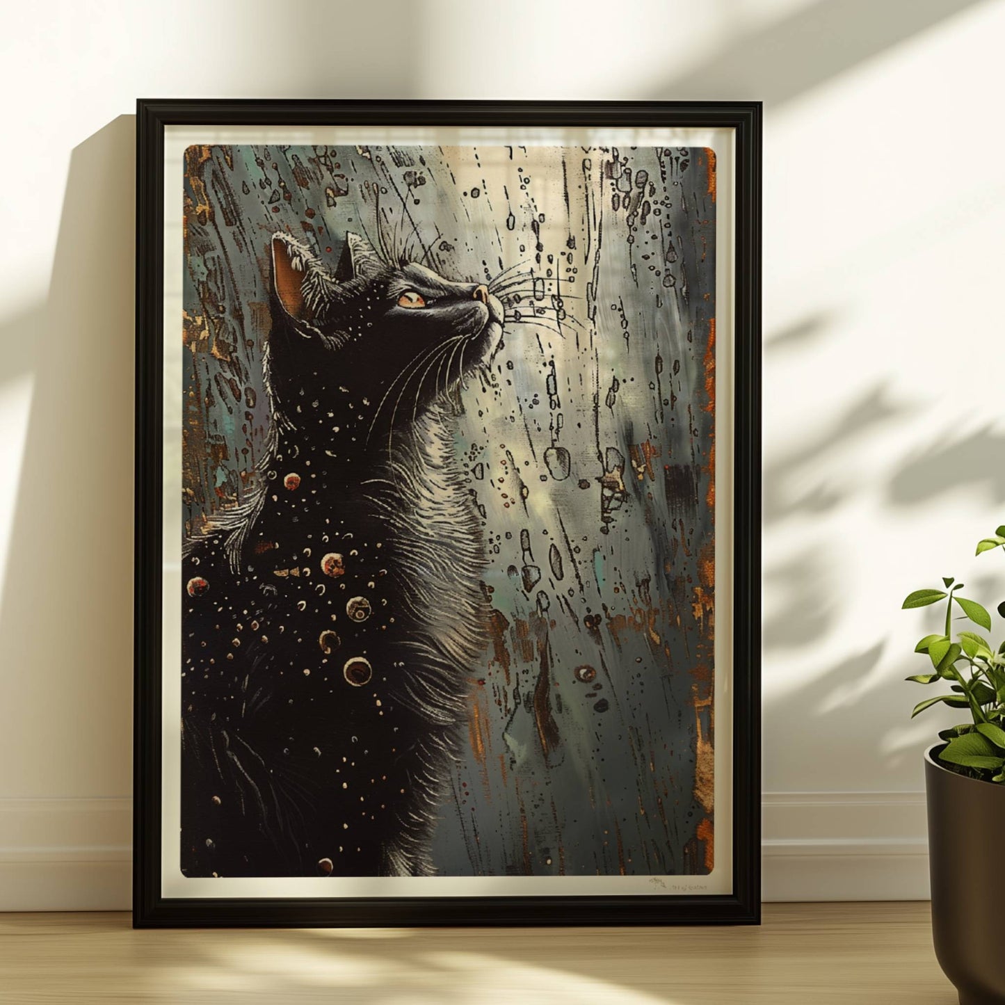 Schwarze Katze blickt auf fantasievolle Punkte und Kreise im Nachthimmel. Rahmen schwarz 30x40