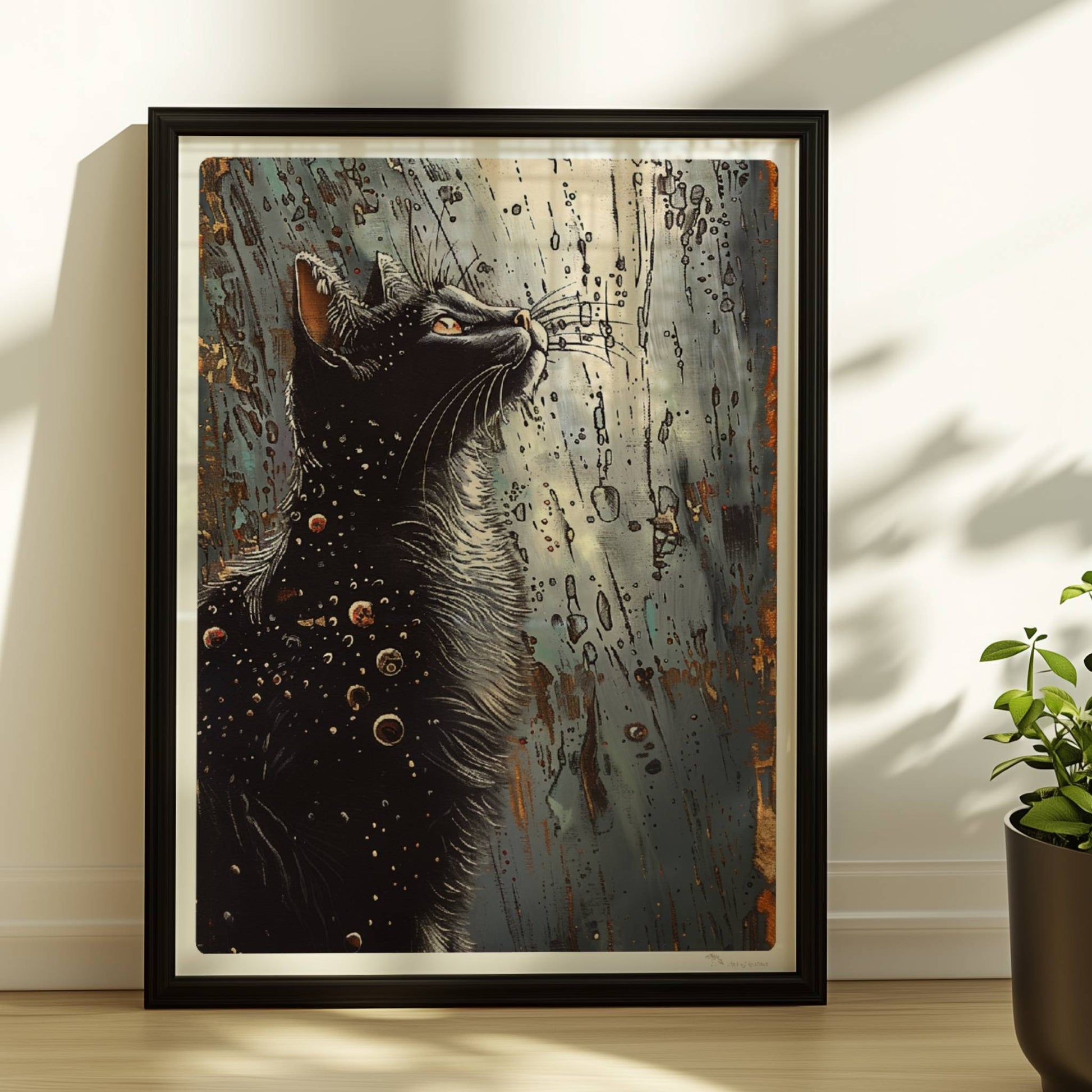 Schwarze Katze blickt auf fantasievolle Punkte und Kreise im Nachthimmel. Rahmen schwarz 30x40