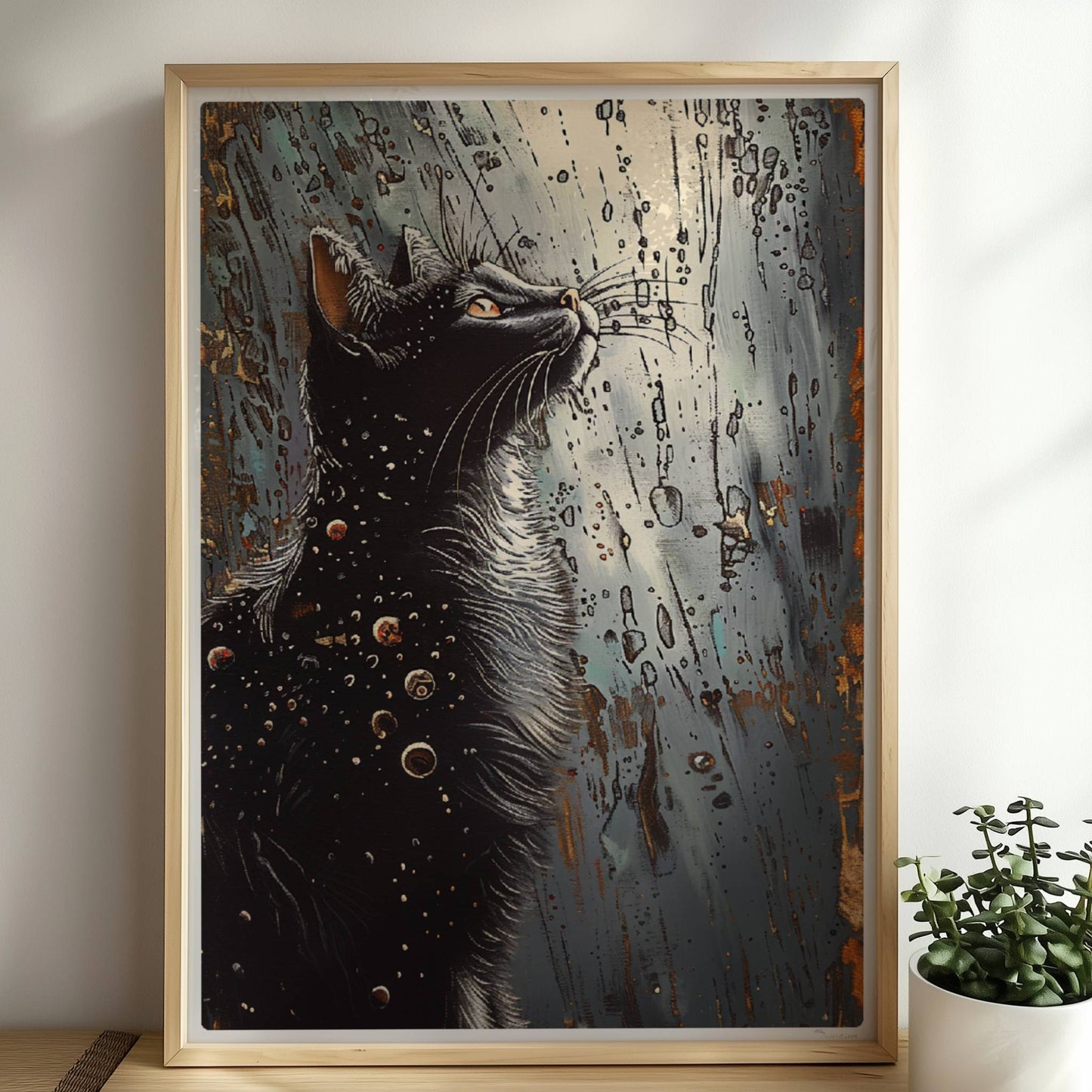 Schwarze Katze blickt auf fantasievolle Punkte und Kreise im Nachthimmel. Rahmen natur 50x70