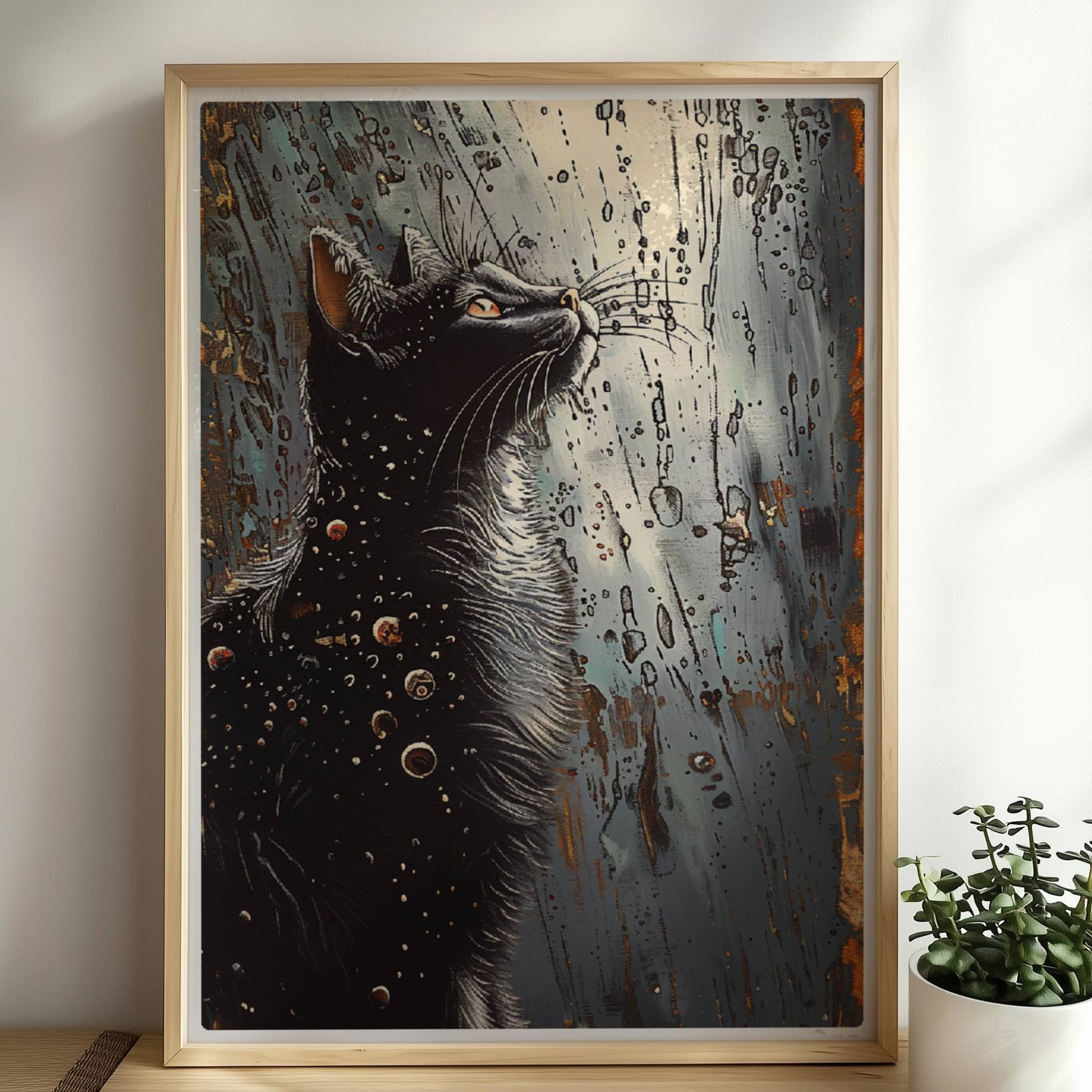 Schwarze Katze blickt auf fantasievolle Punkte und Kreise im Nachthimmel. Rahmen natur 50x70