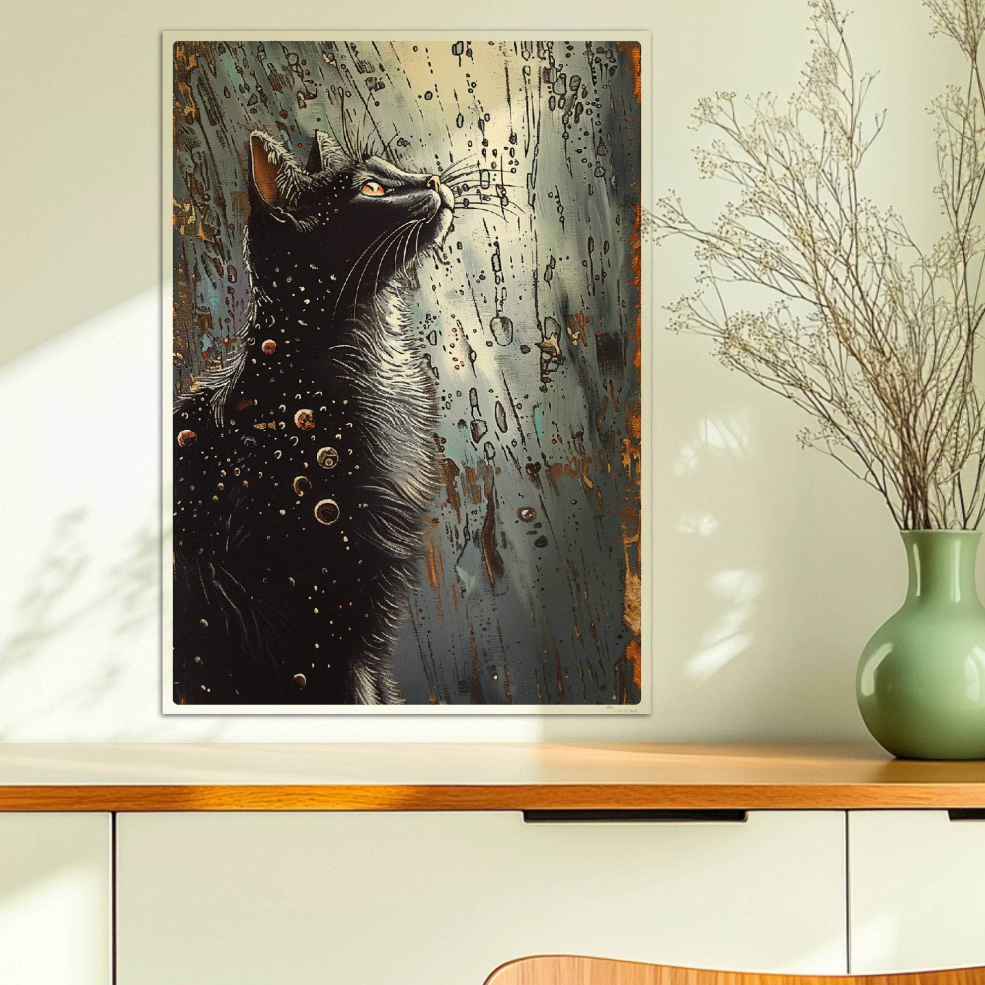 Schwarze Katze blickt auf fantasievolle Punkte und Kreise im Nachthimmel. Ohne Rahmen 50x70