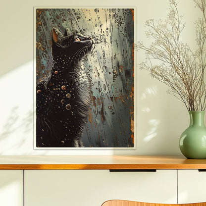 Schwarze Katze blickt auf fantasievolle Punkte und Kreise im Nachthimmel. Ohne Rahmen 50x70